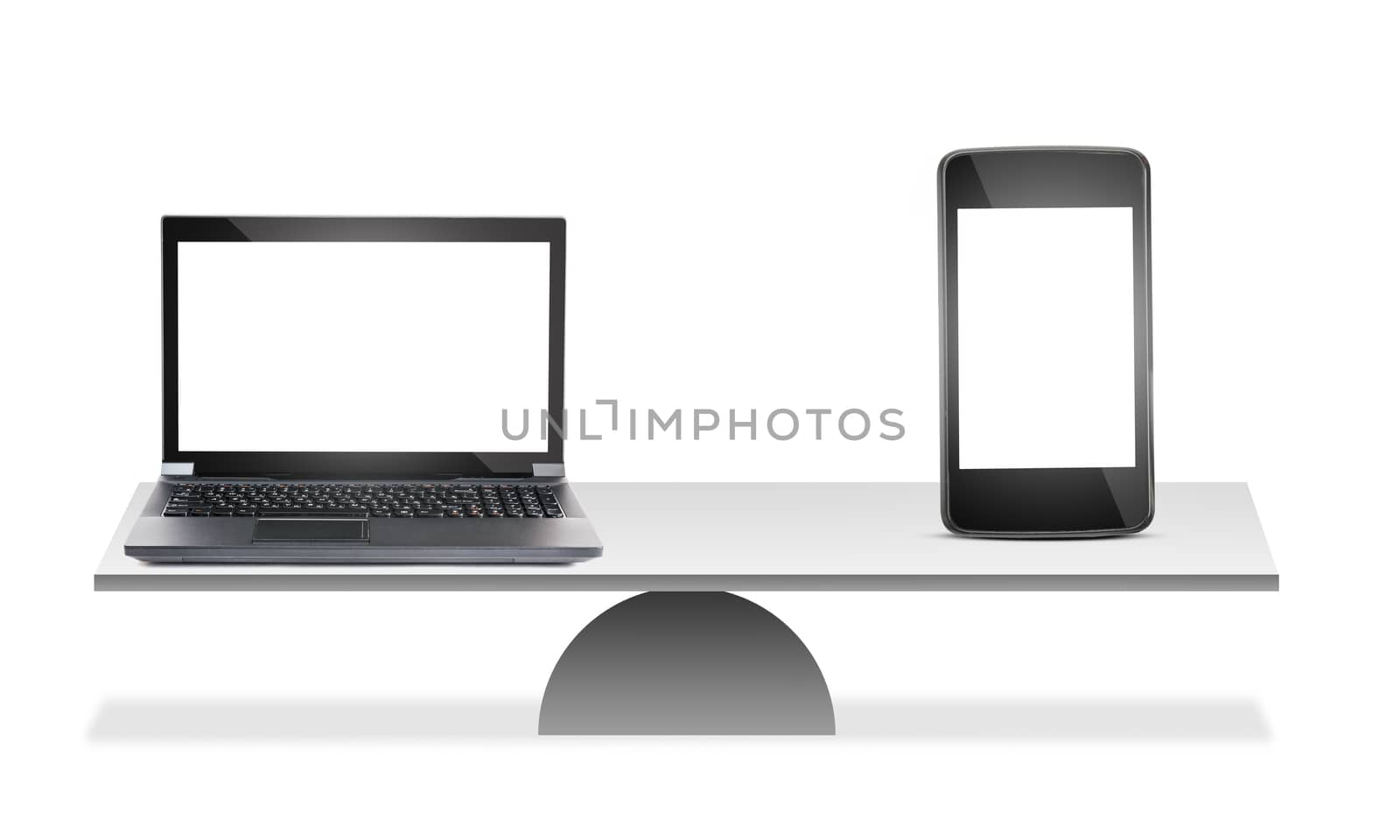 Laptop and smartphone on scales isolated on white background, balance concept