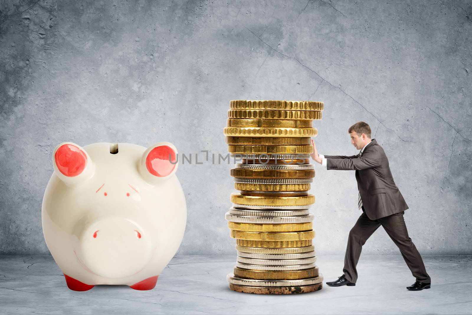 Businessman pushing pile of coins by cherezoff