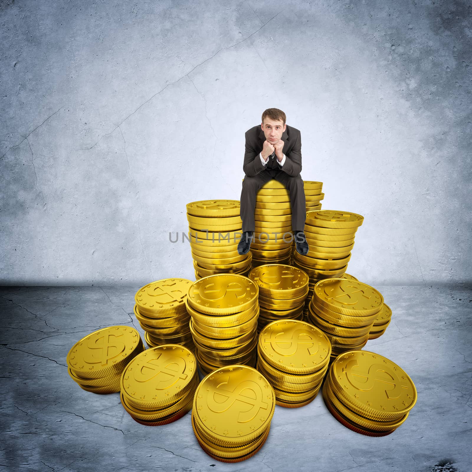 Thinking businessman sitting coins on grey wall background