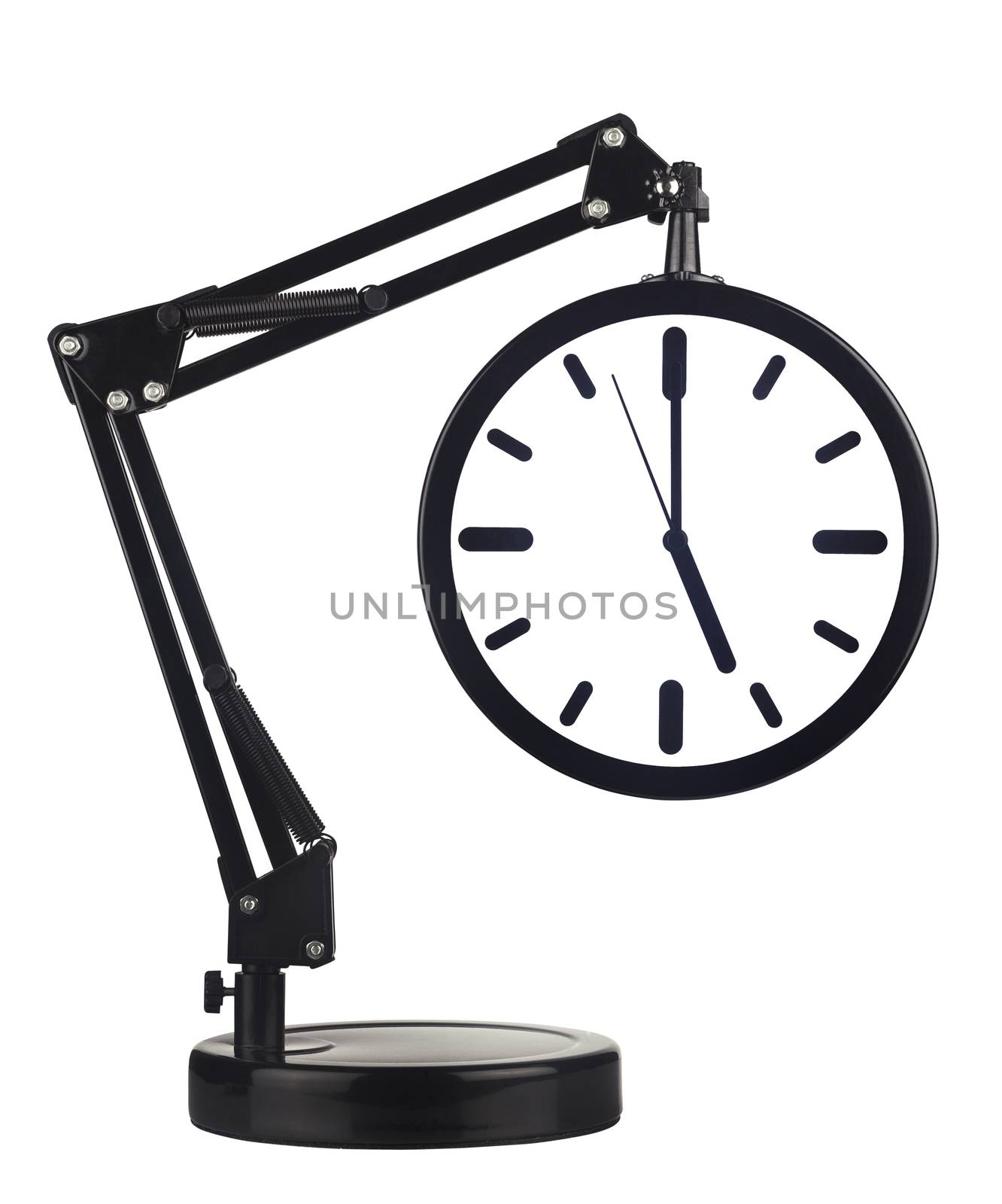 Black clock with arm showing five o'clock isolated on white background