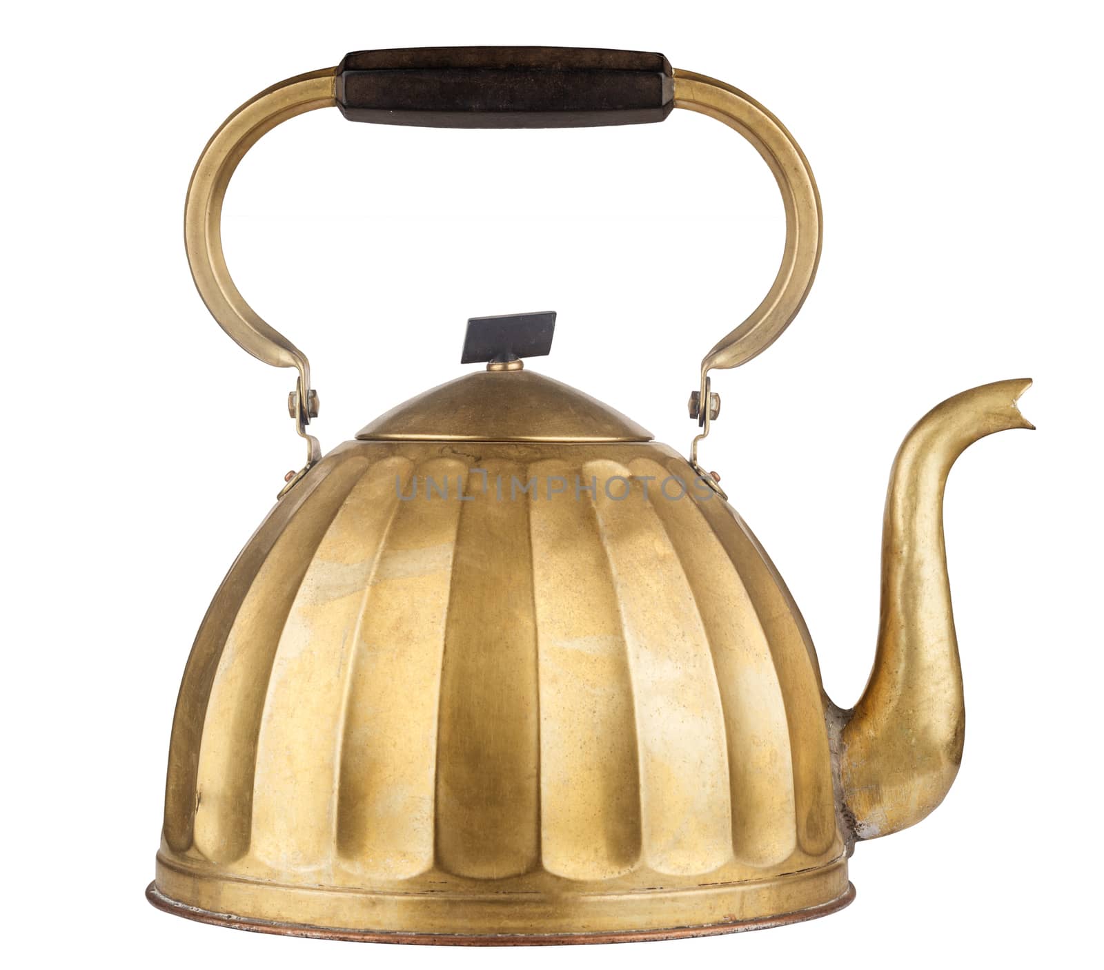 Vintage golden tea kettle isolated on white background