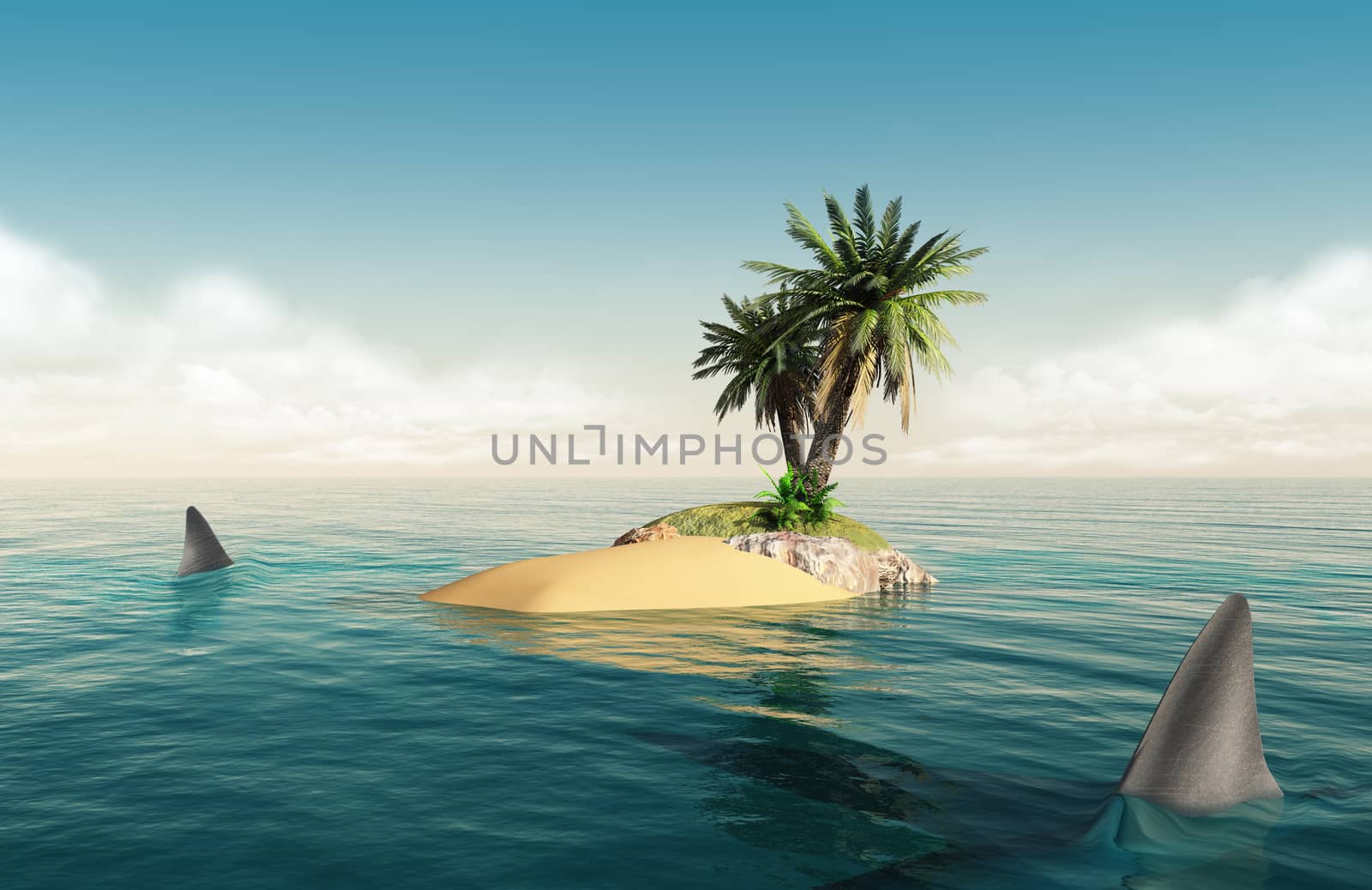 Small tropical island in the middle of the ocean with a small palm tree and sharks around it