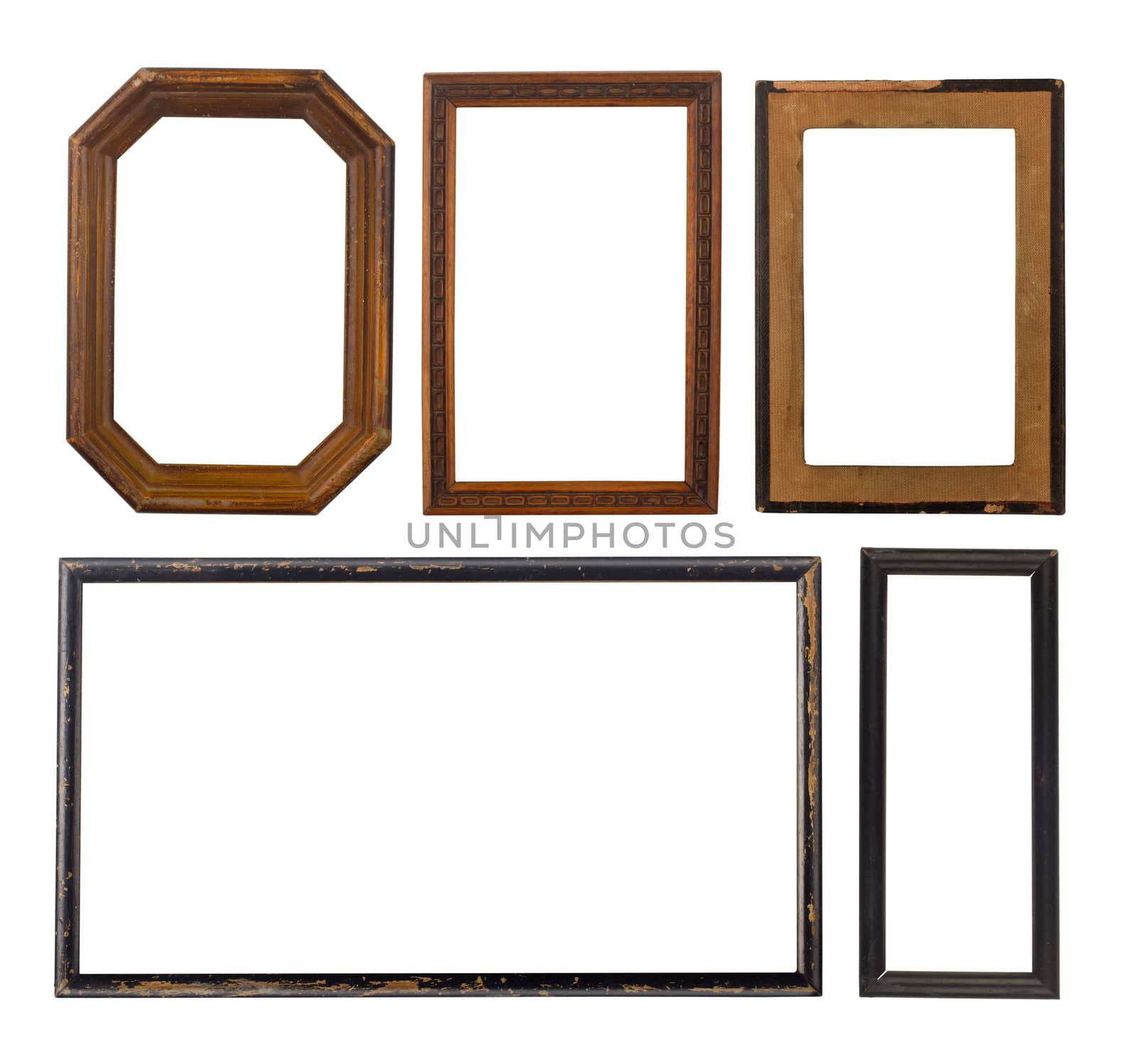 Set of five old wooden frames isolated on white