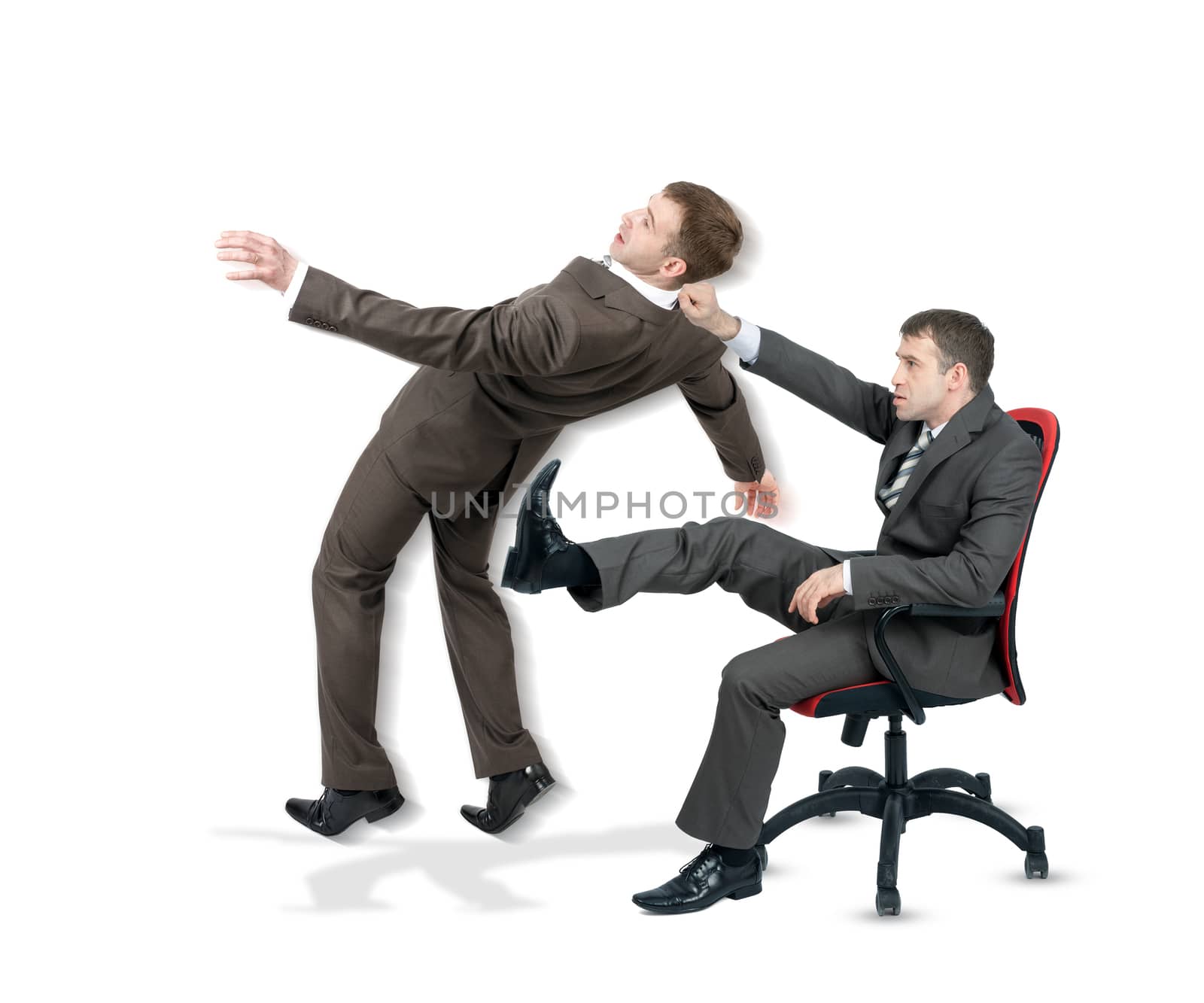 Businessman sitting on chair and kicking man isolated on white background
