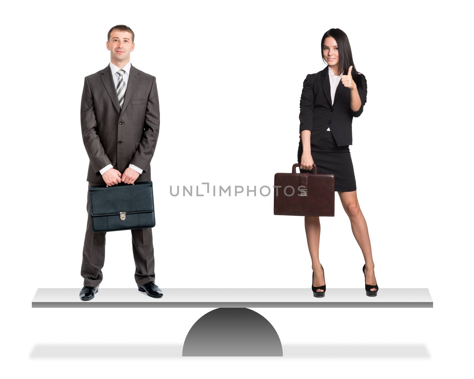 Businessman and businesswoman on scales isolated on white background, balance concept