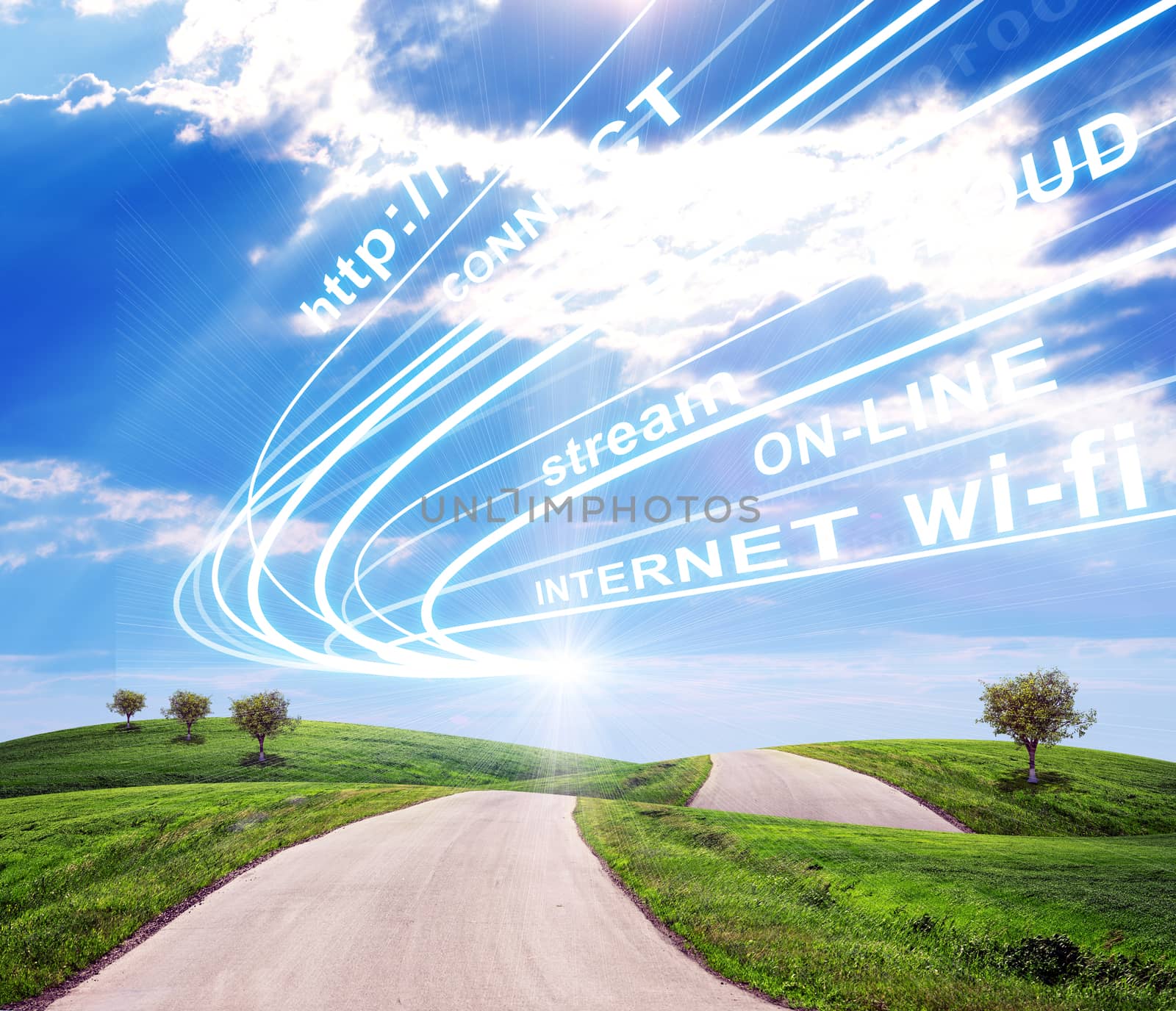 Field with road and wi-fi waves with words, internet concept