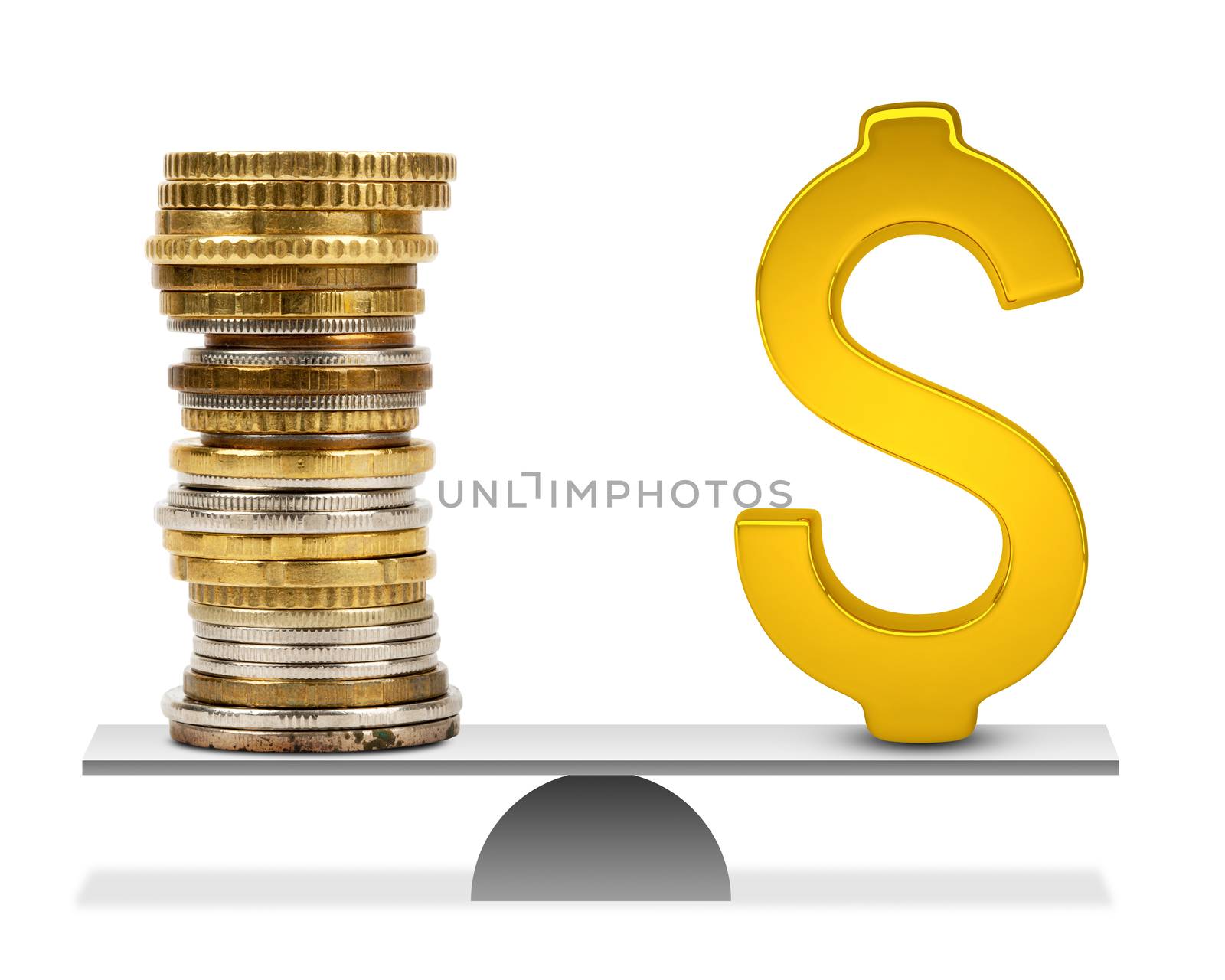 Coins and dollar sign on scales isolated on white background, balance concept