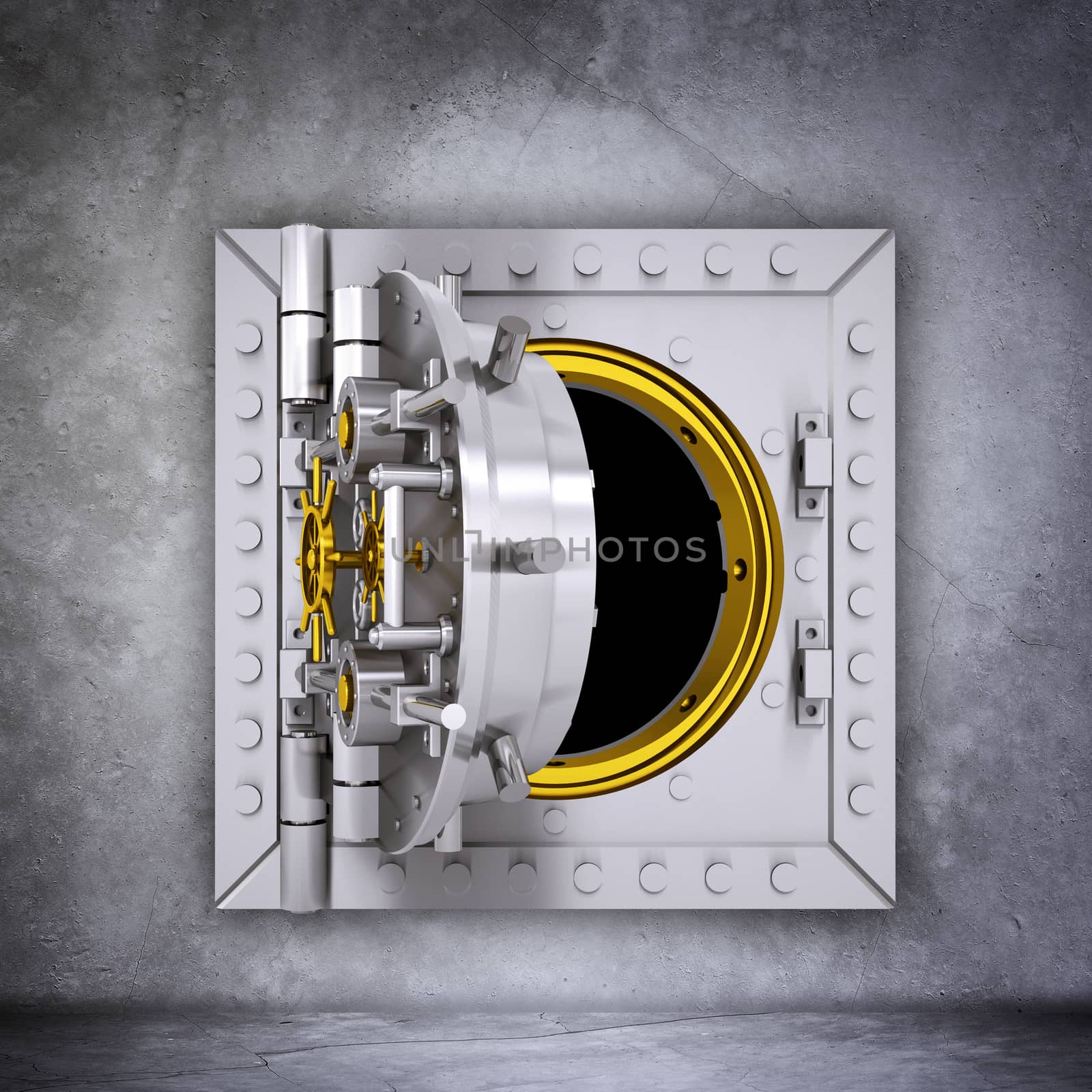 Open metallic bank vault door on grey wall background