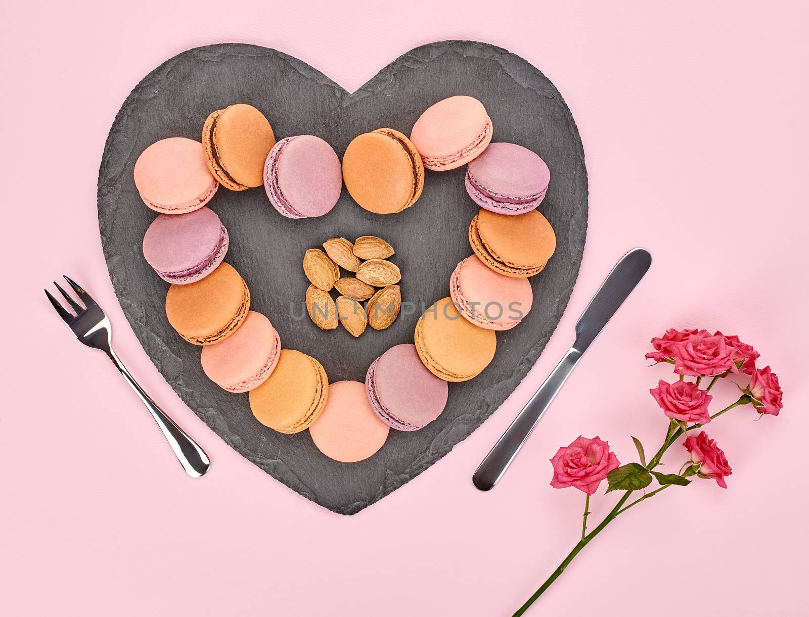 Still life, macarons, heart shape. Table setting by 918
