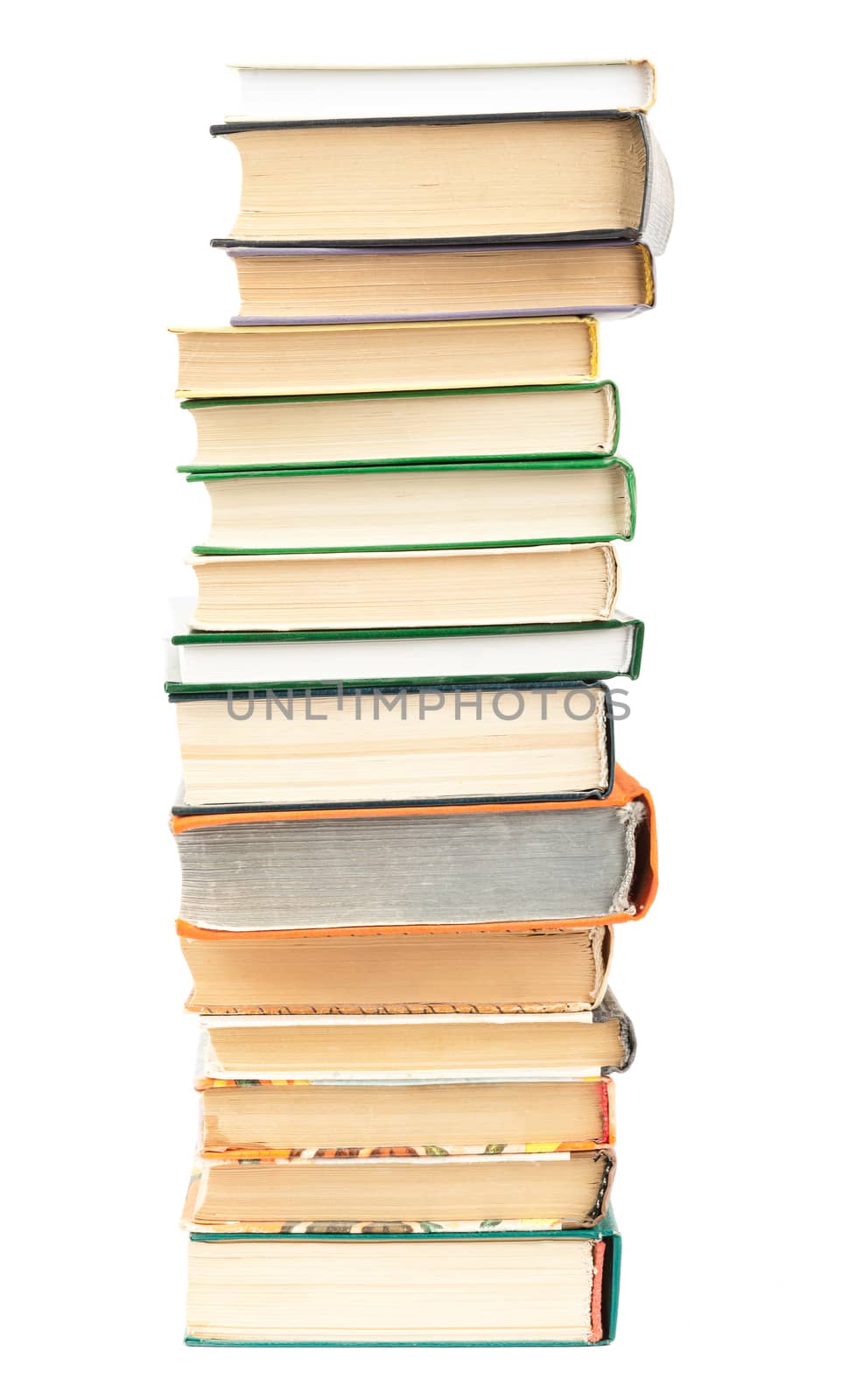 Pile of books isolated on white background, closeup