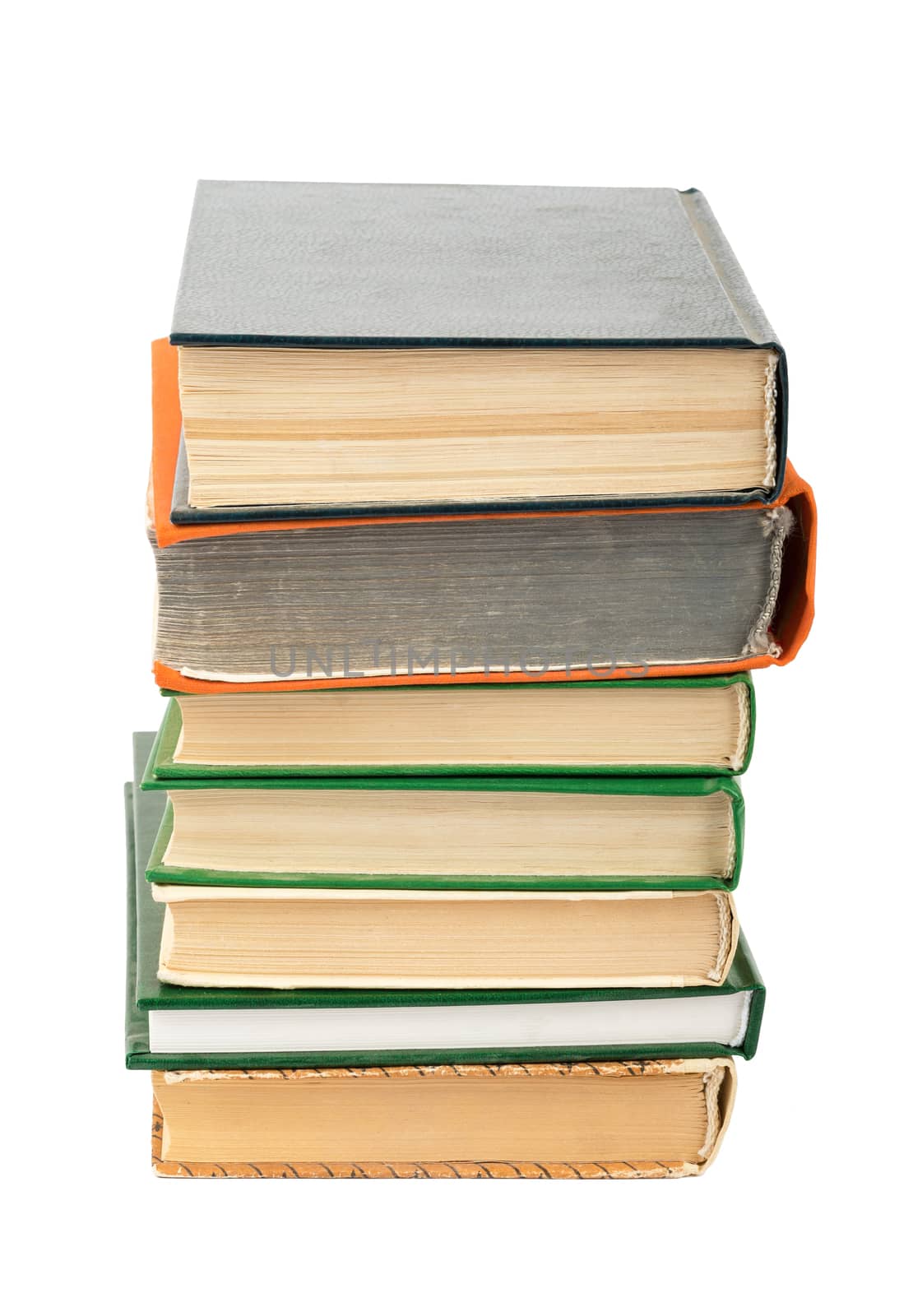 Stack of books isolated on white background, closeup