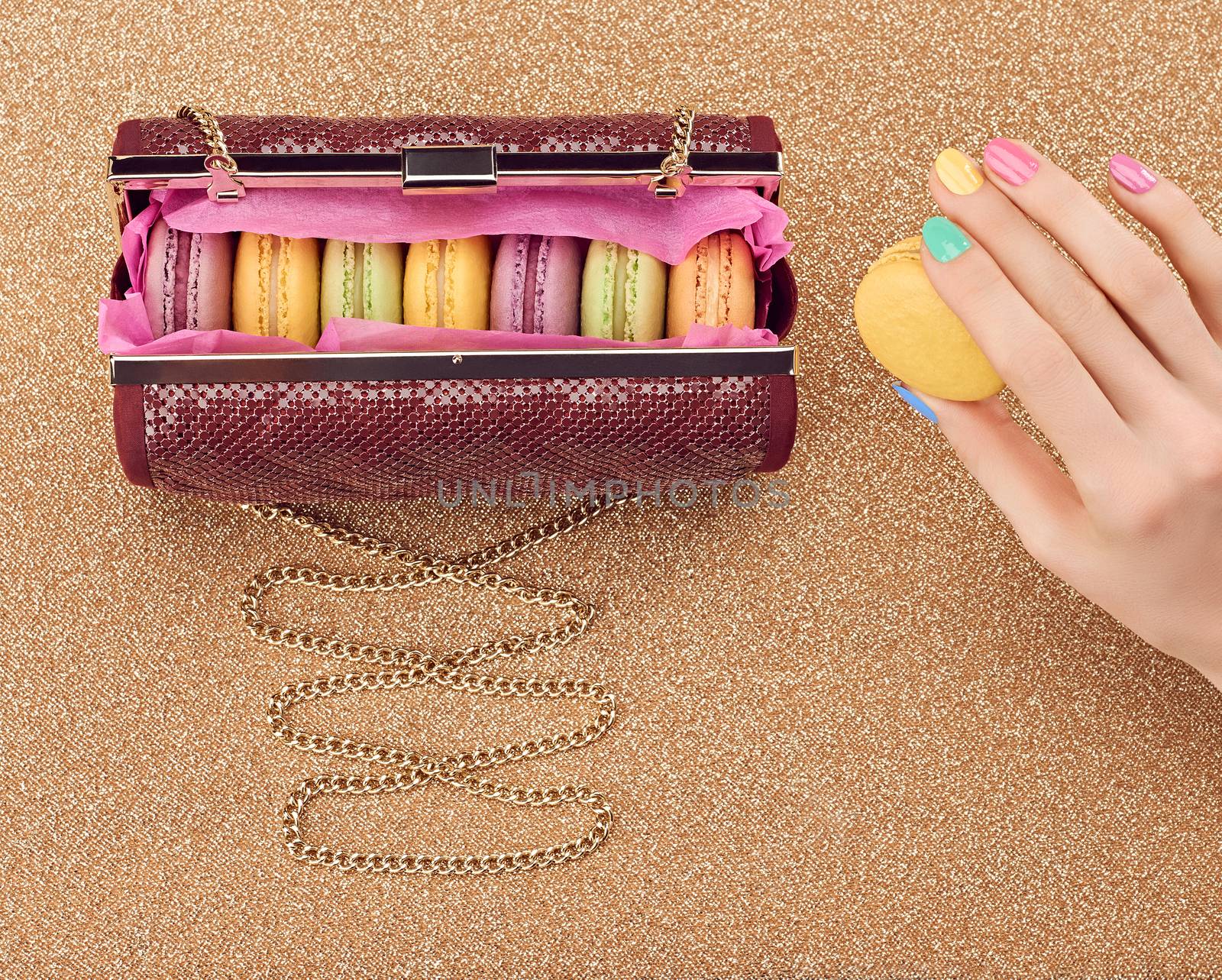 Macarons, fashion handbag, woman hand,gold.Vintage by 918