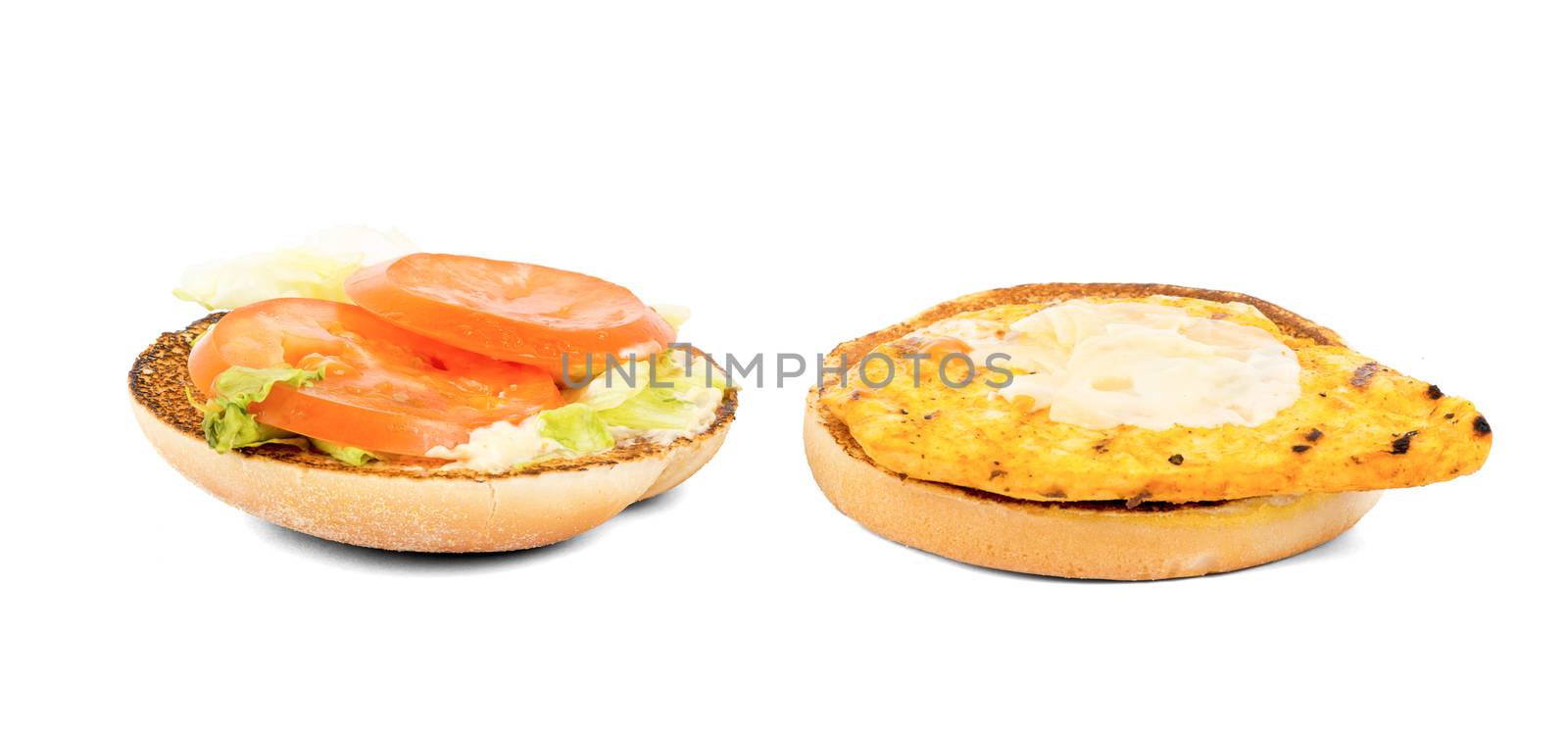 Deliciuos open hamburger with vegetables isolated on white background