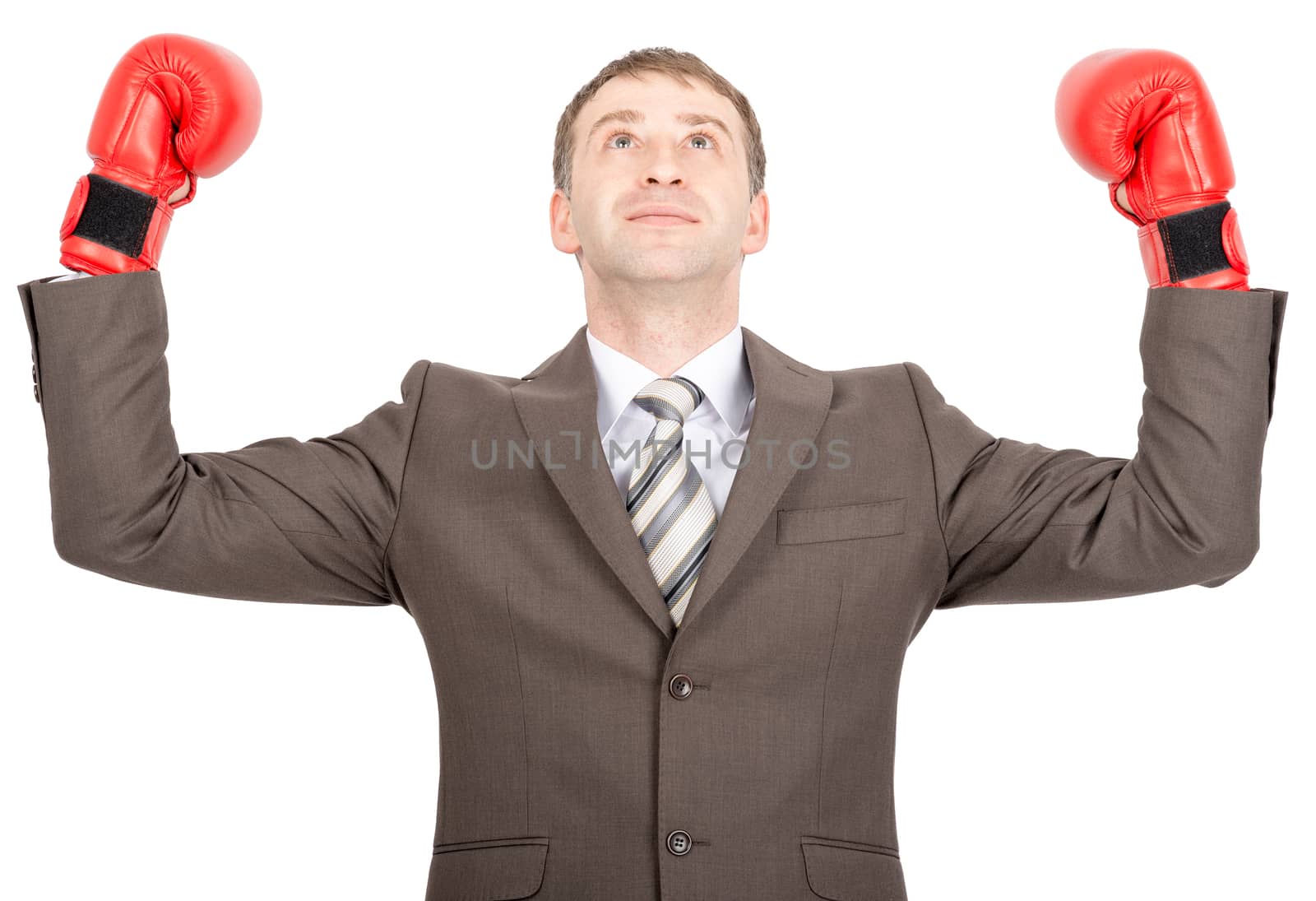 Happy businessman with looking up in red boxing gloves  isolated on white background