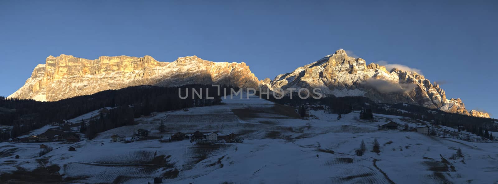 Mountains landscape at the sunset in winter season seen from La Villa, Alta Badia - Dolomites, Trentino-Alto Adige, Italy