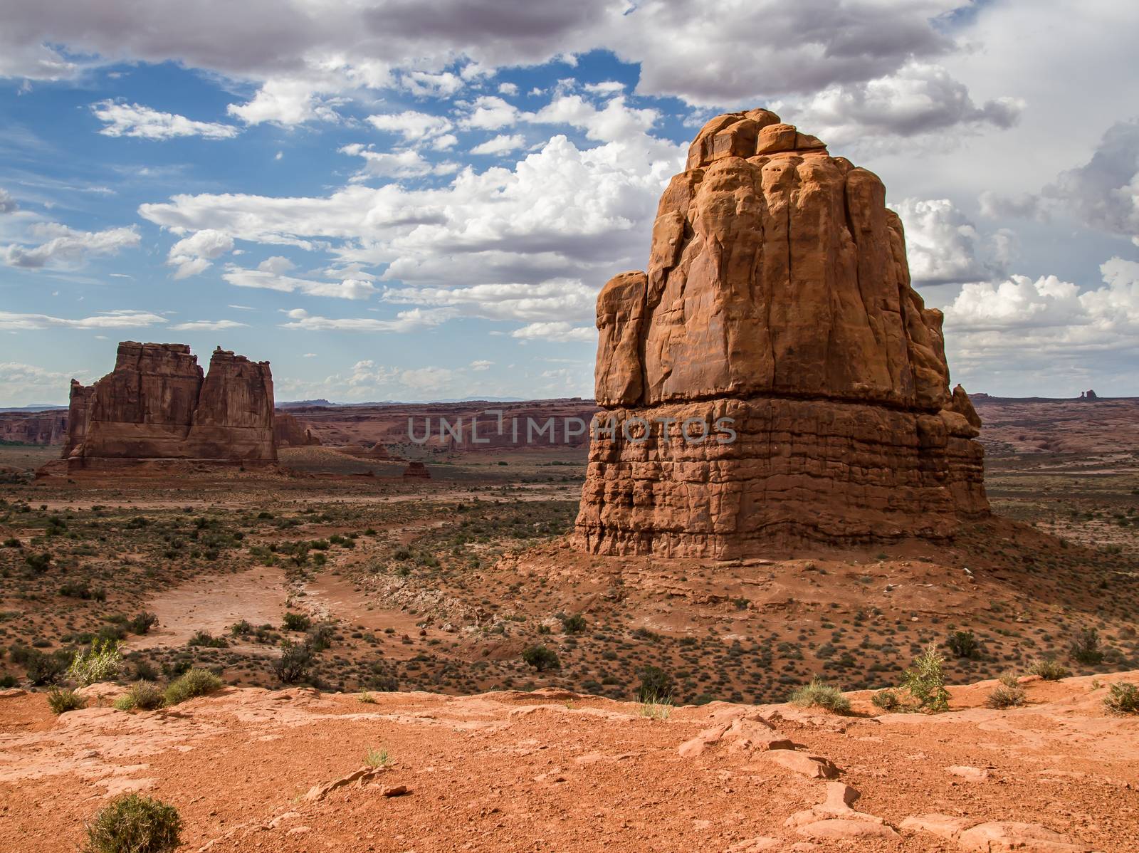 Rock formations, mittens, pillars and examples of erosion and weathering can all be found in Arches National Park, Utah.