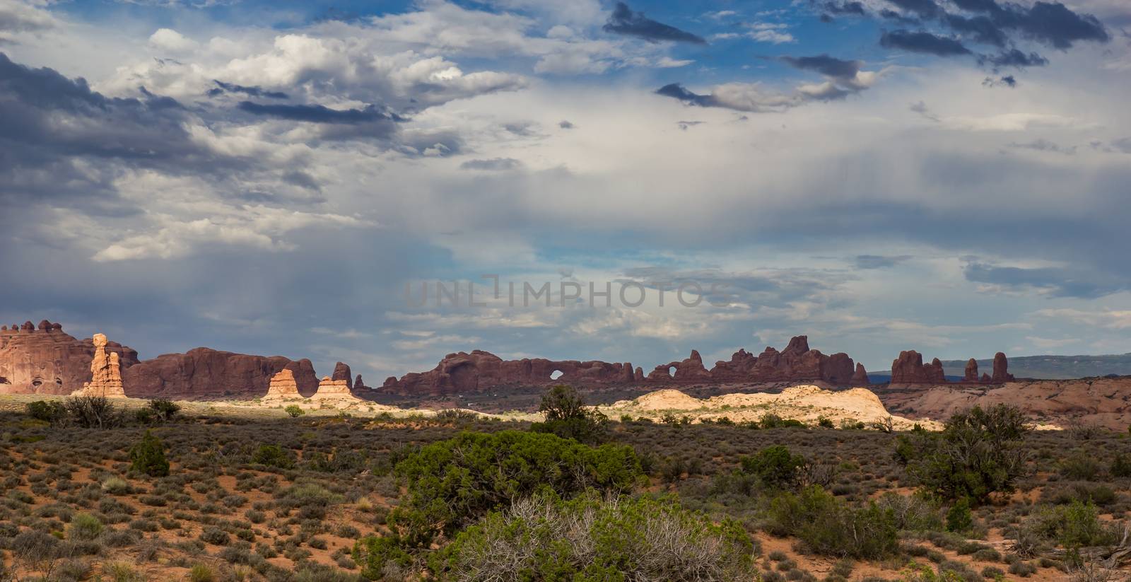 Rock formations, mittens, pillars and examples of erosion and weathering can all be found in Arches National Park, Utah.