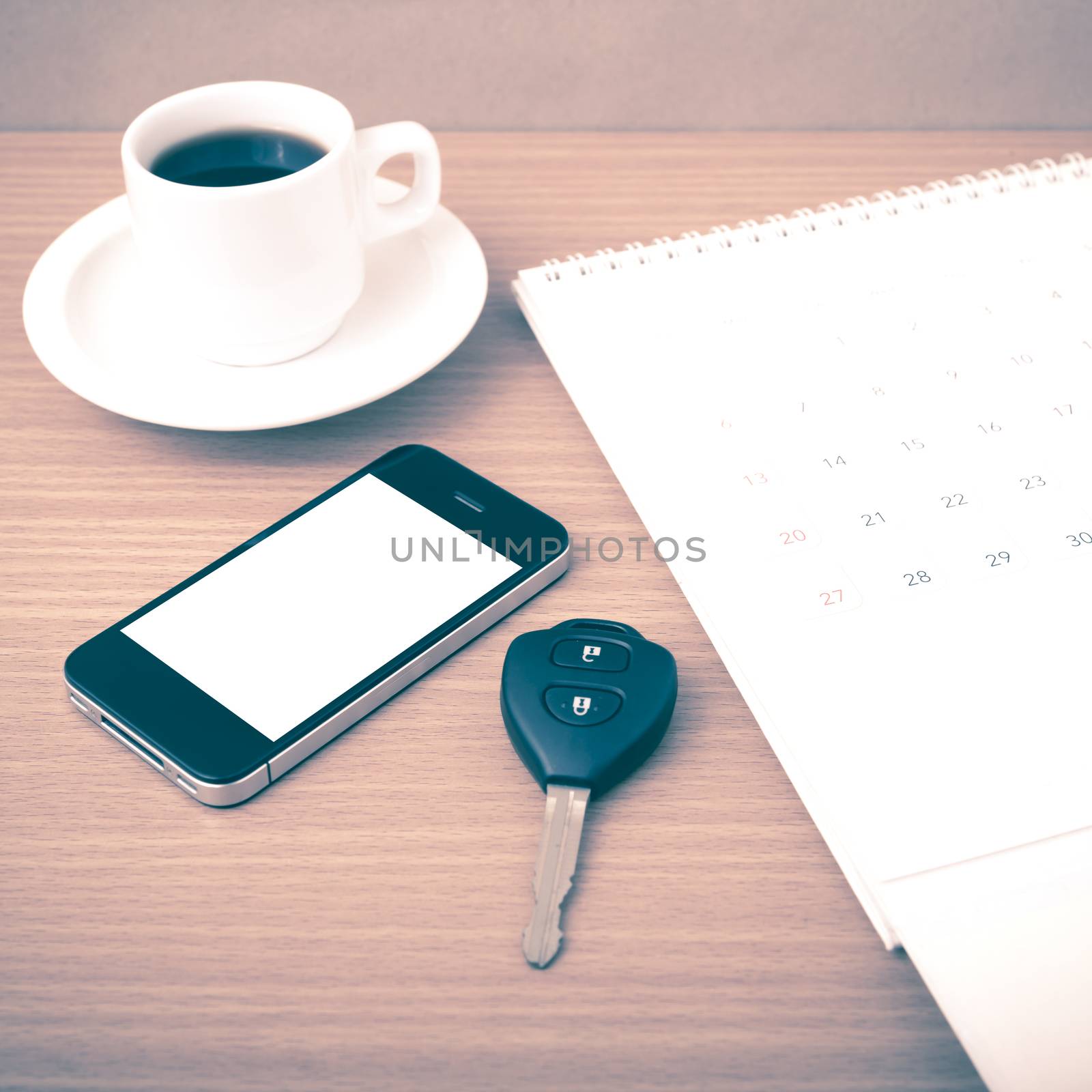 coffee,phone,car key and calendar vintage style
