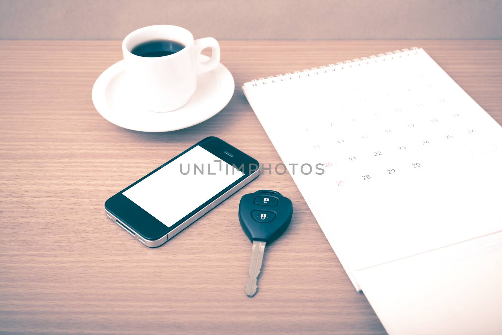 coffee,phone,car key and calendar vintage style