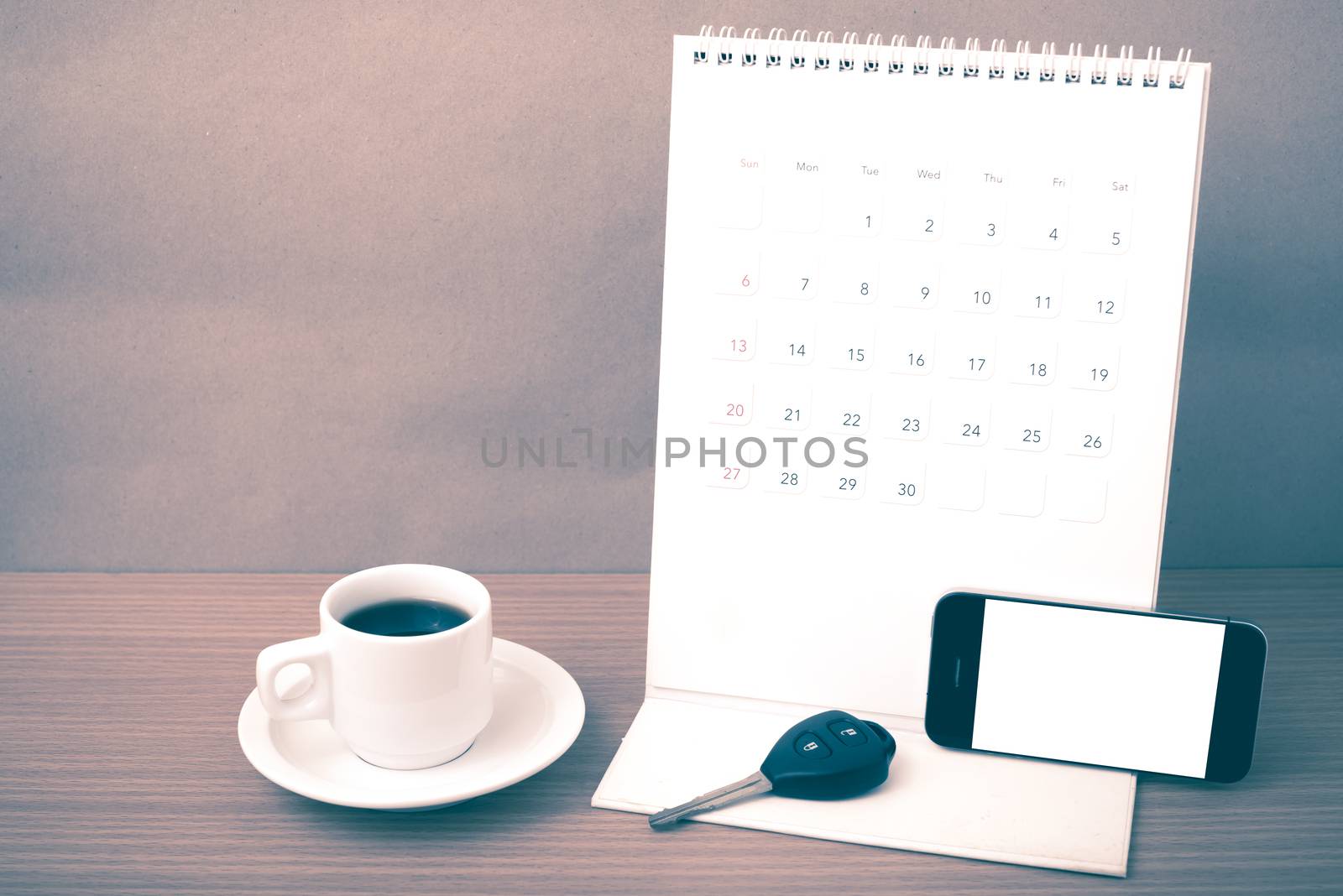 coffee,phone,car key and calendar vintage style