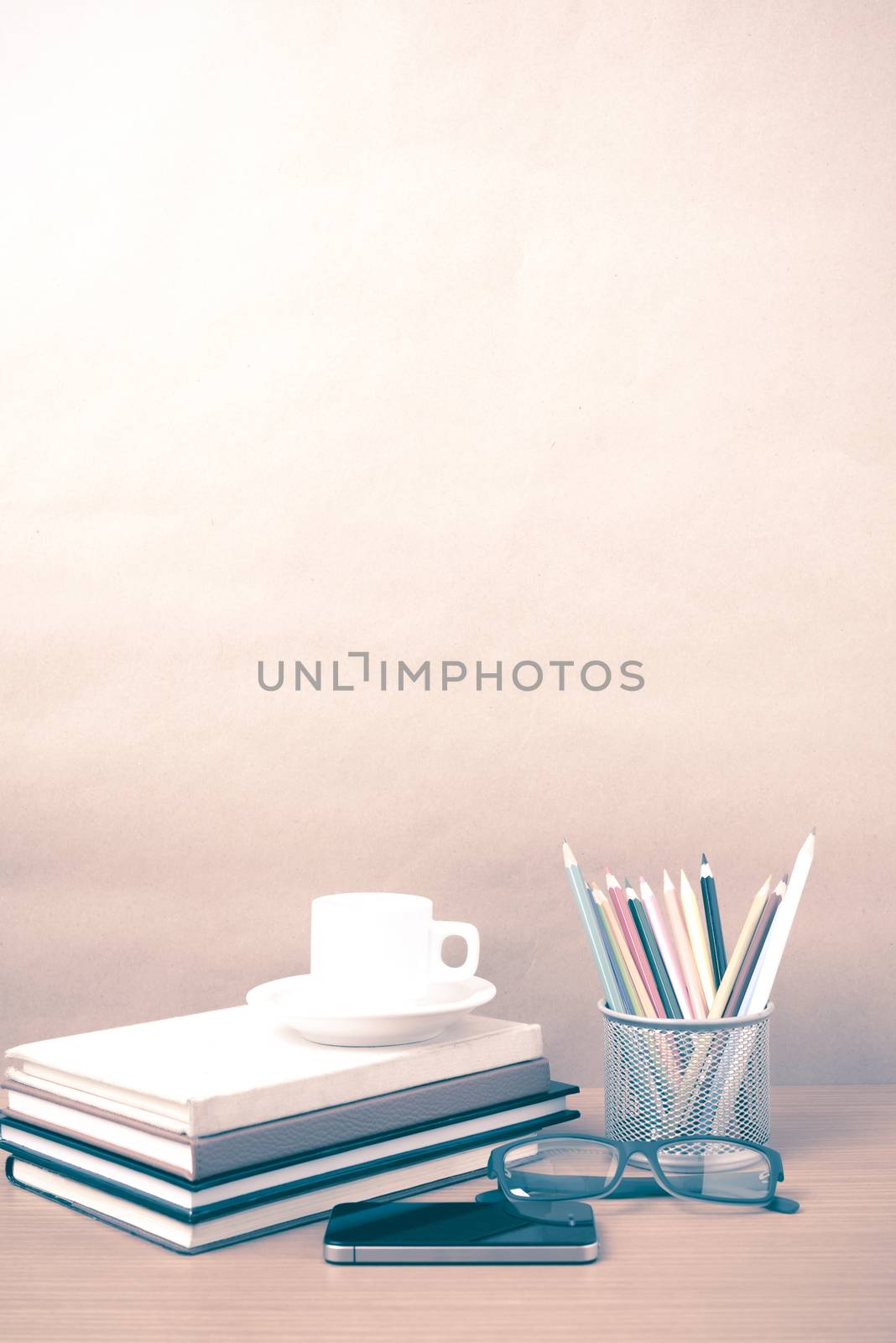 coffee,phone,eyeglasses,stack of book and color pencil by ammza12