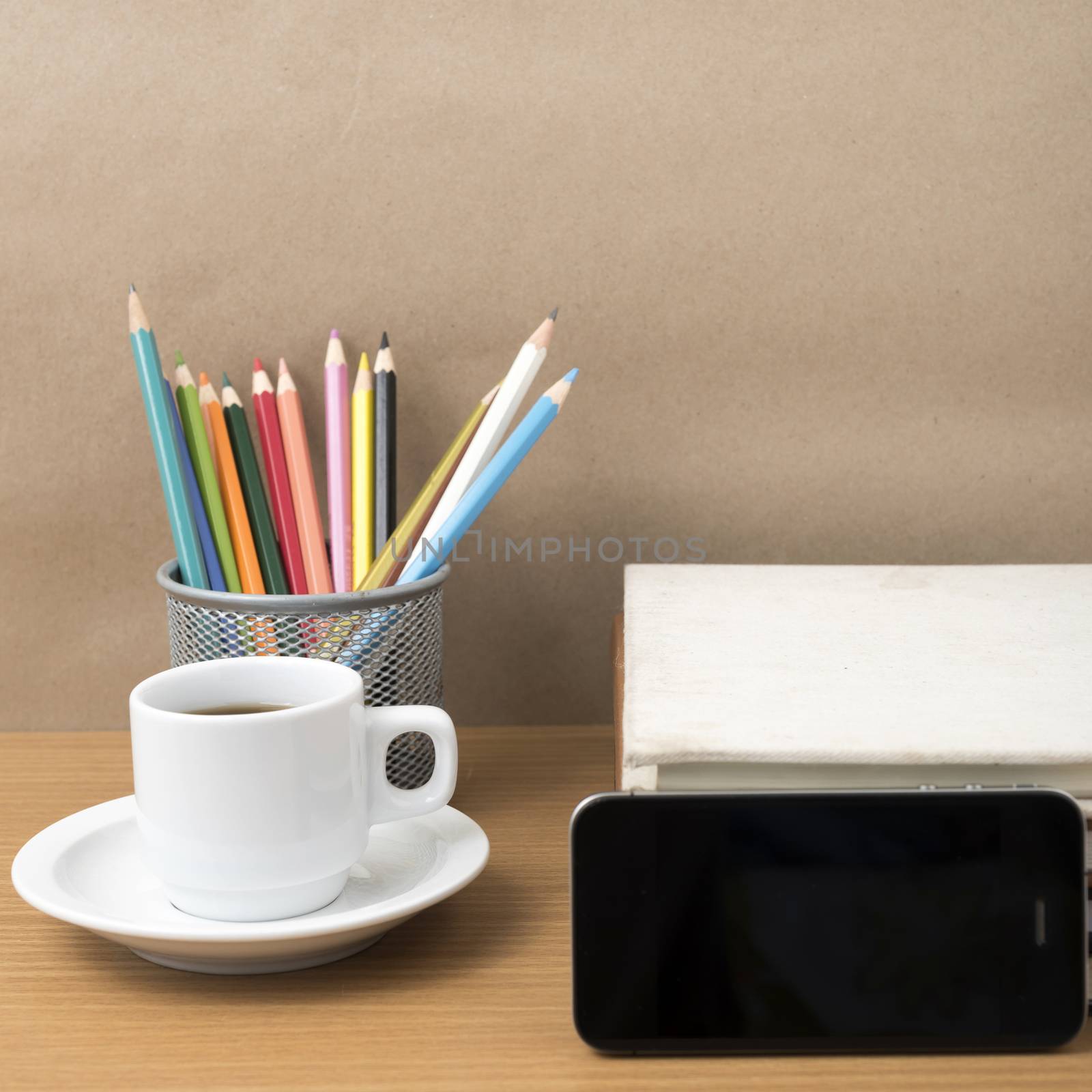 coffee,phone,stack of book and color pencil by ammza12