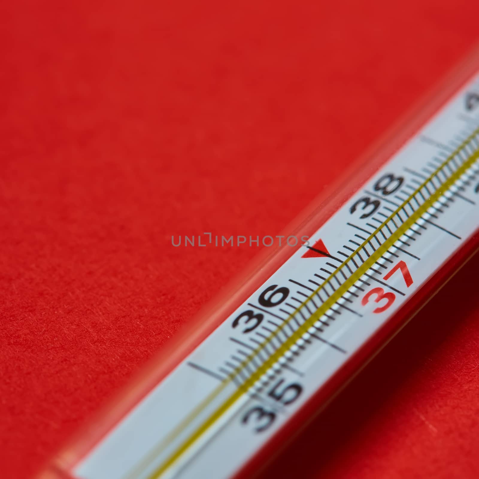 Medical mercury thermometer on red background. Shallow dof