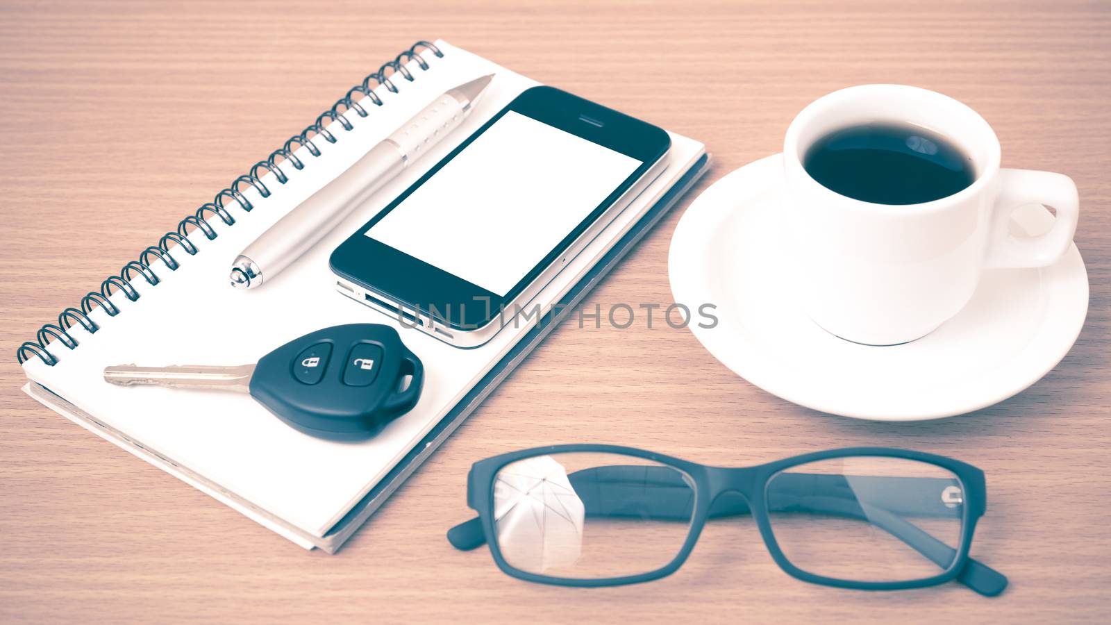 coffee,phone,notepad,eyeglasses and car key by ammza12