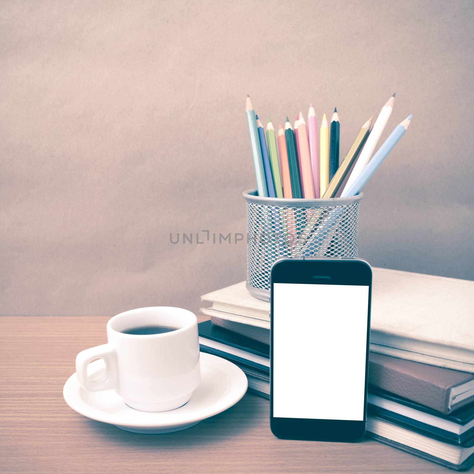 coffee,phone,stack of book and color pencil by ammza12