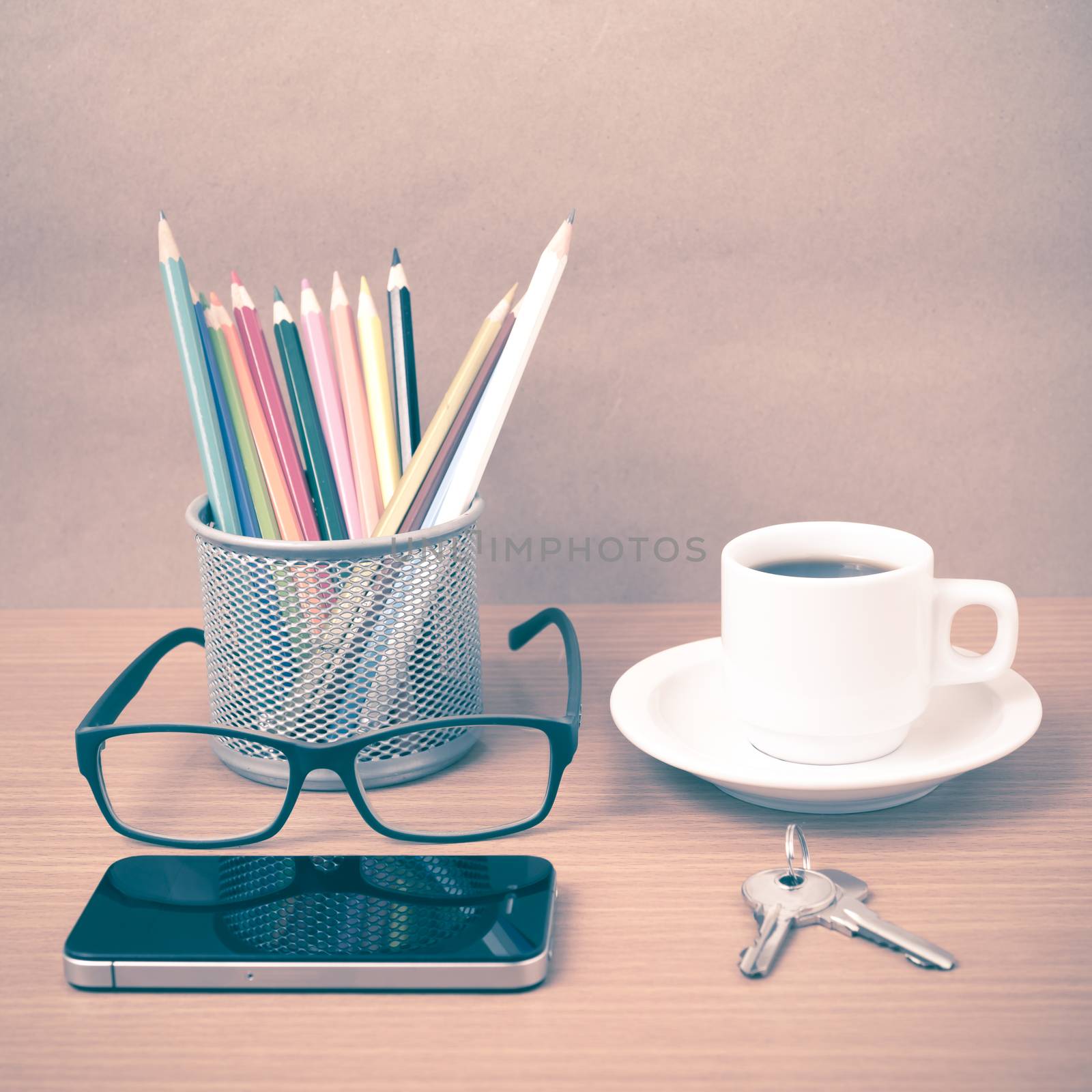 coffee,phone,eyeglasses,color pencil and key by ammza12