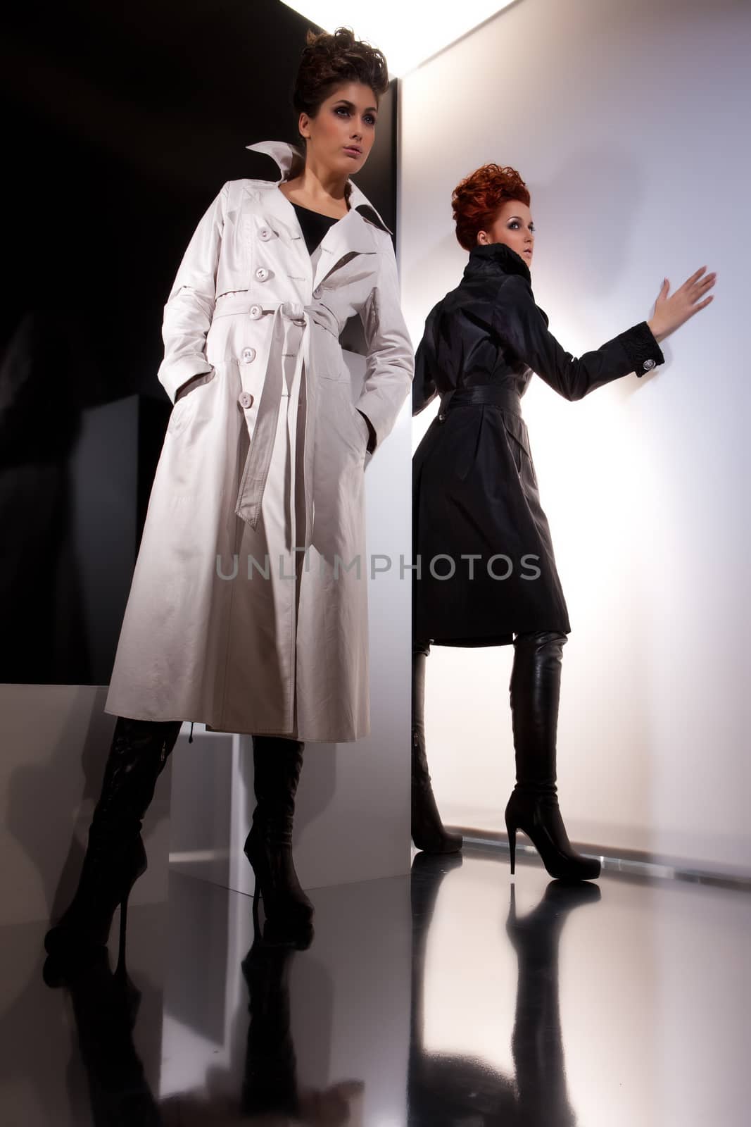 Two young beautiful women in fashionable clothing on a studio background