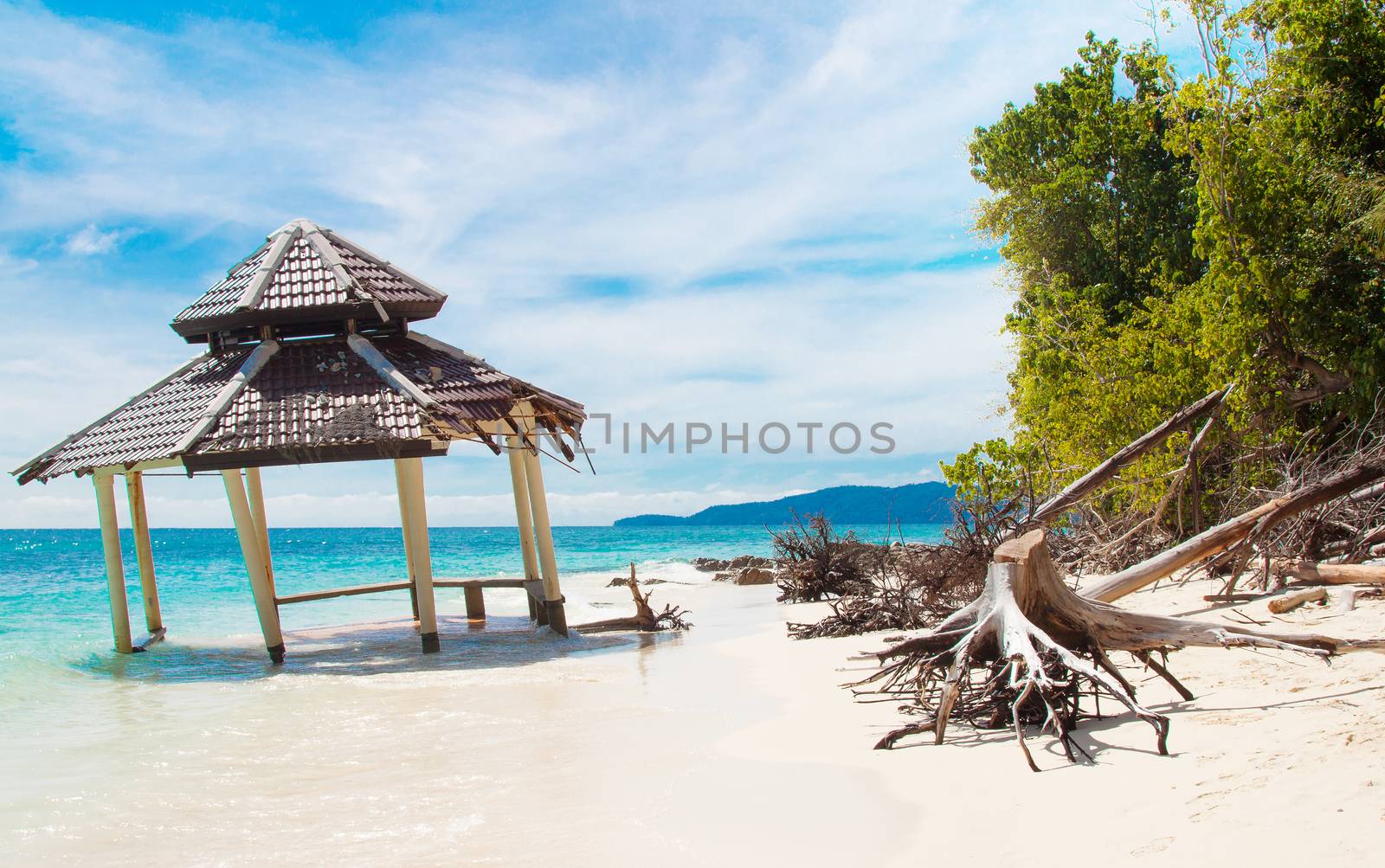 Thailand Phi-Phi island view with broken trees and old viewpoint pergola
