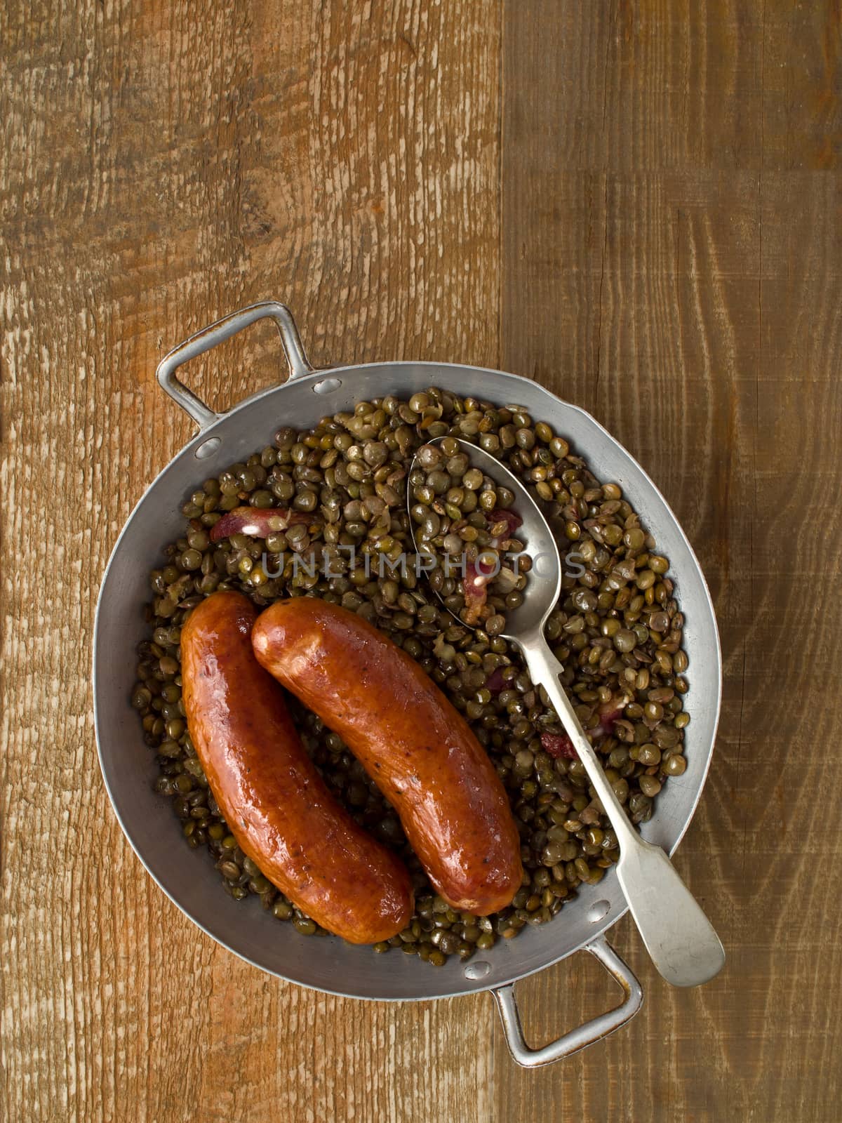 close up of rustic sausage with lentil