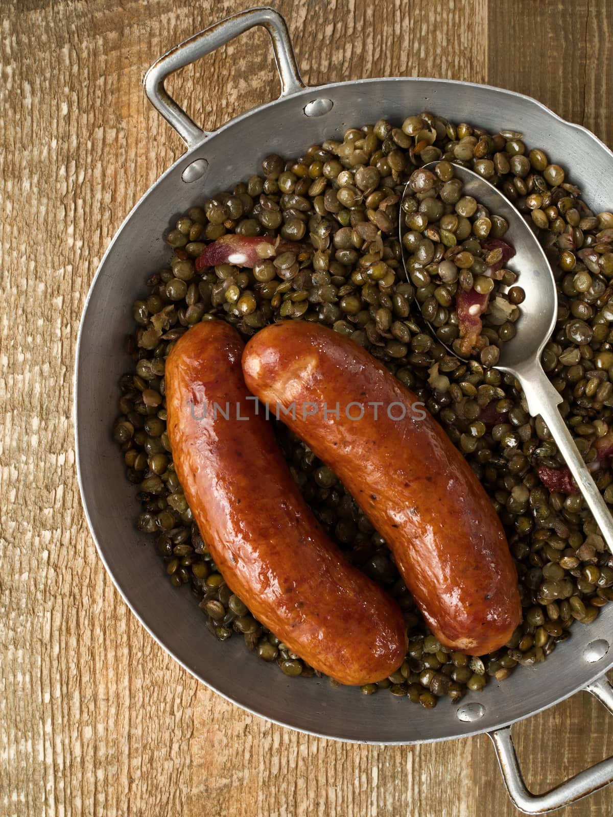 close up of rustic sausage with lentil