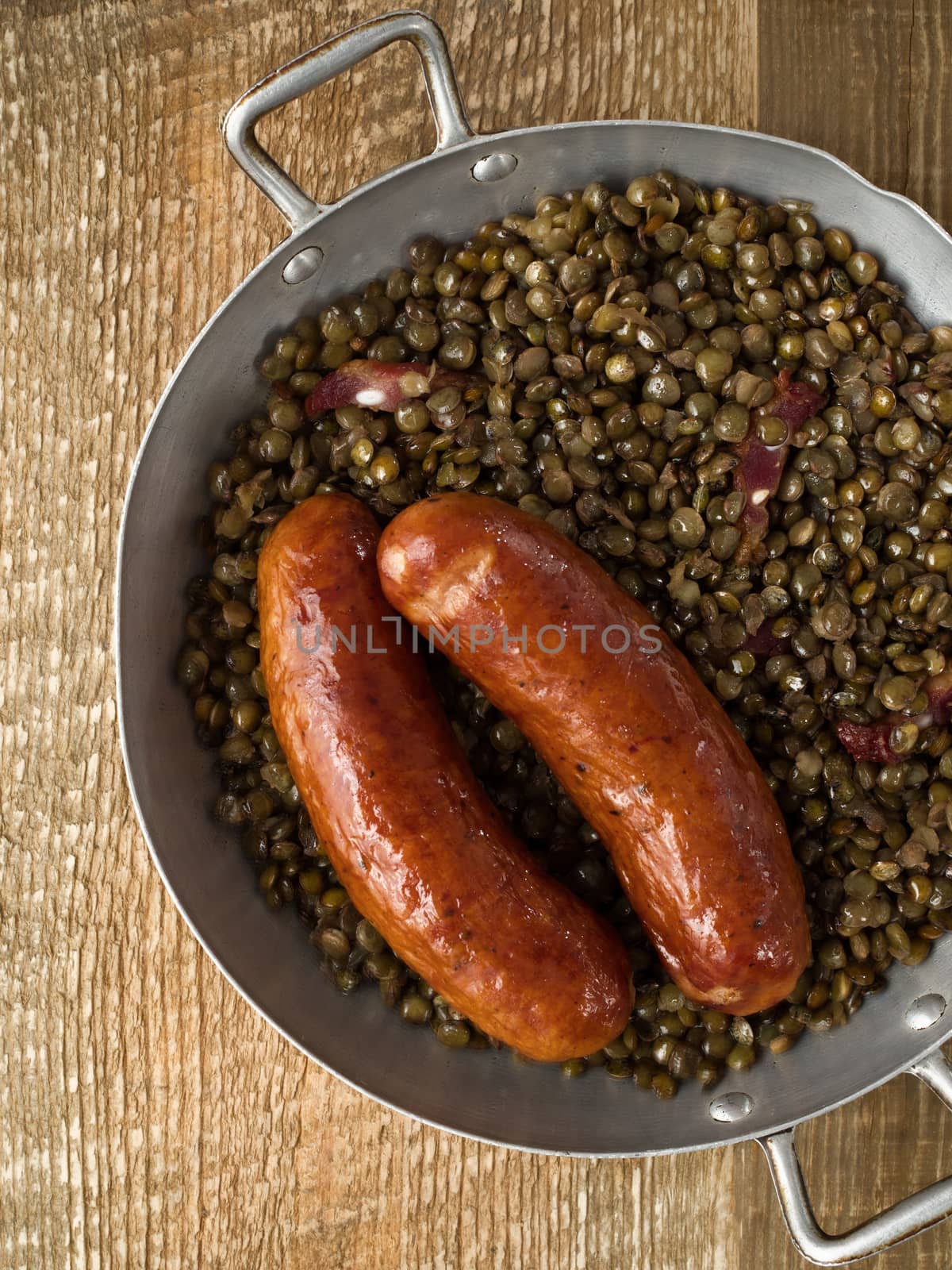 close up of rustic sausage with lentil