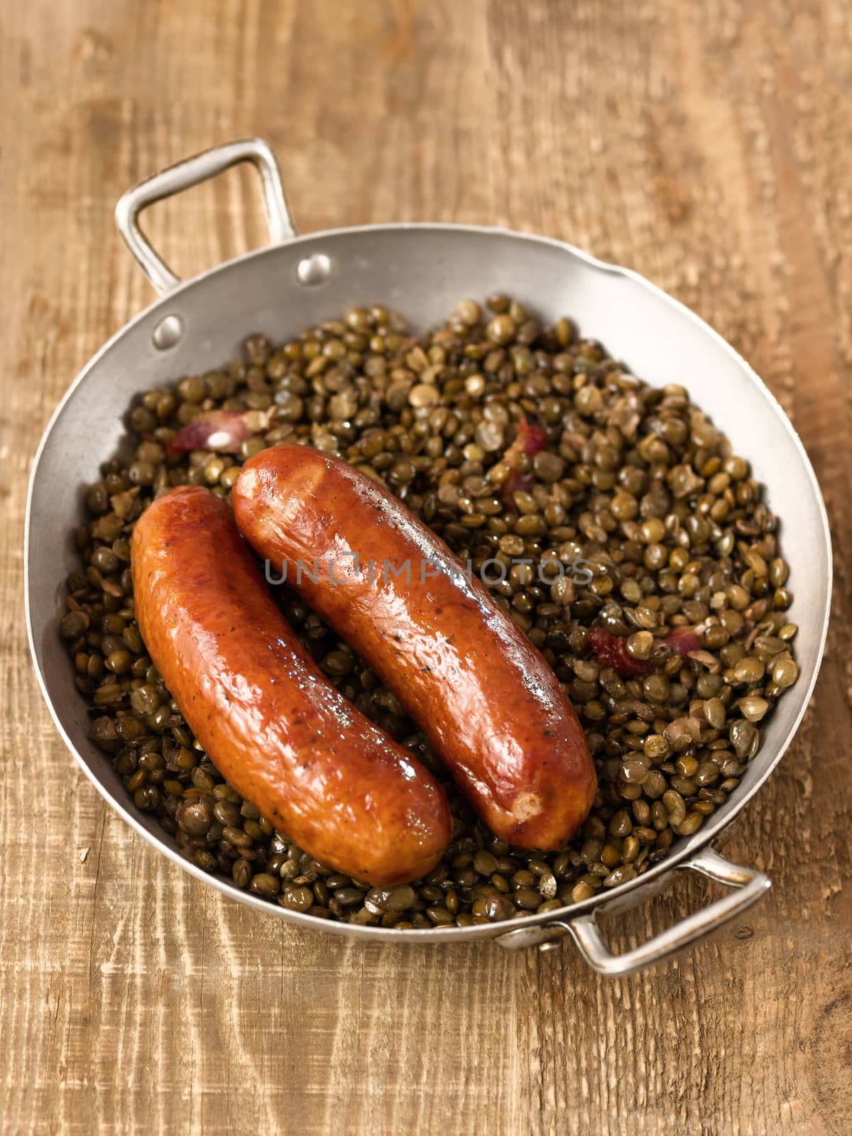 close up of rustic sausage with lentil