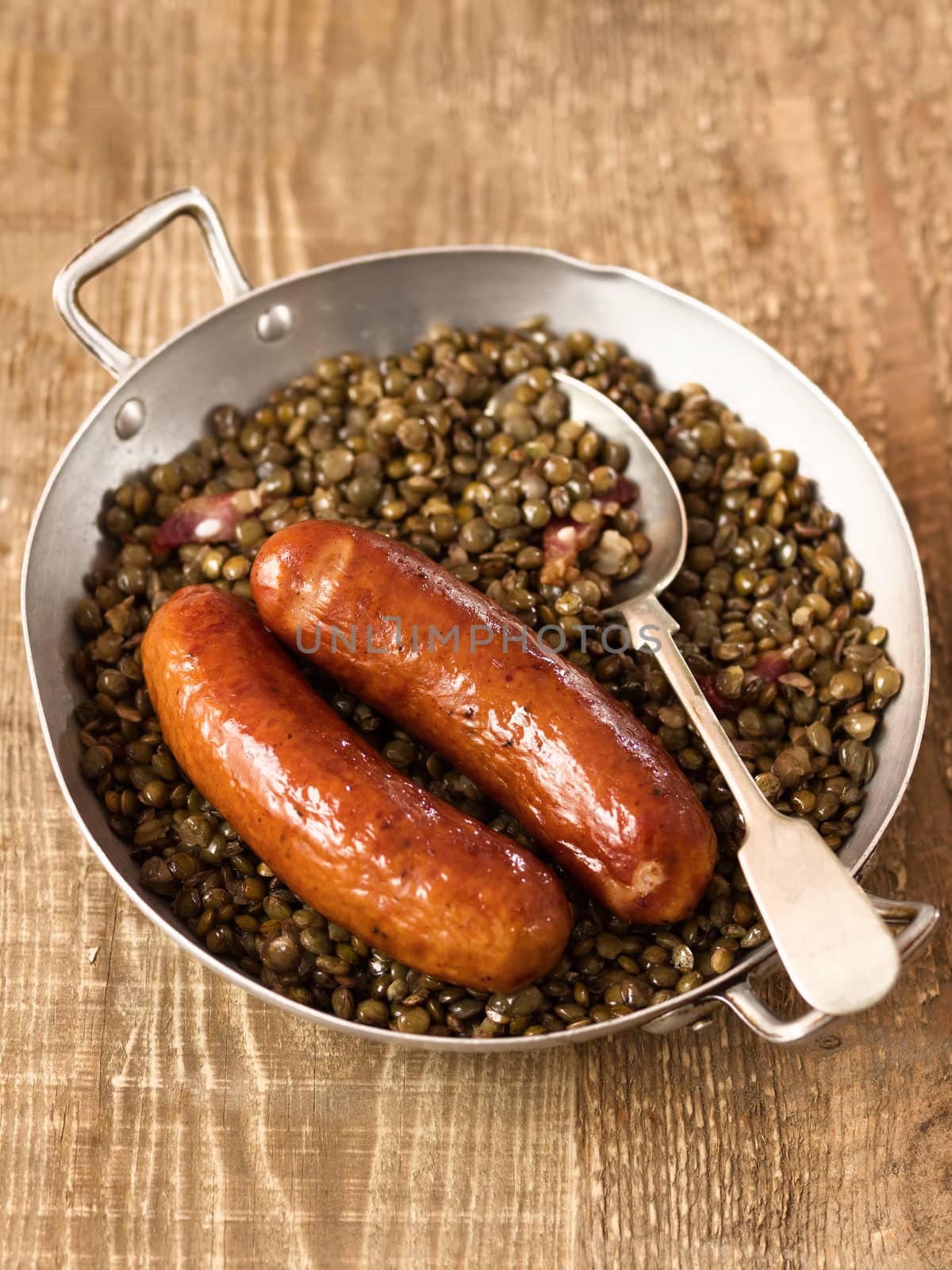 close up of rustic sausage with lentil