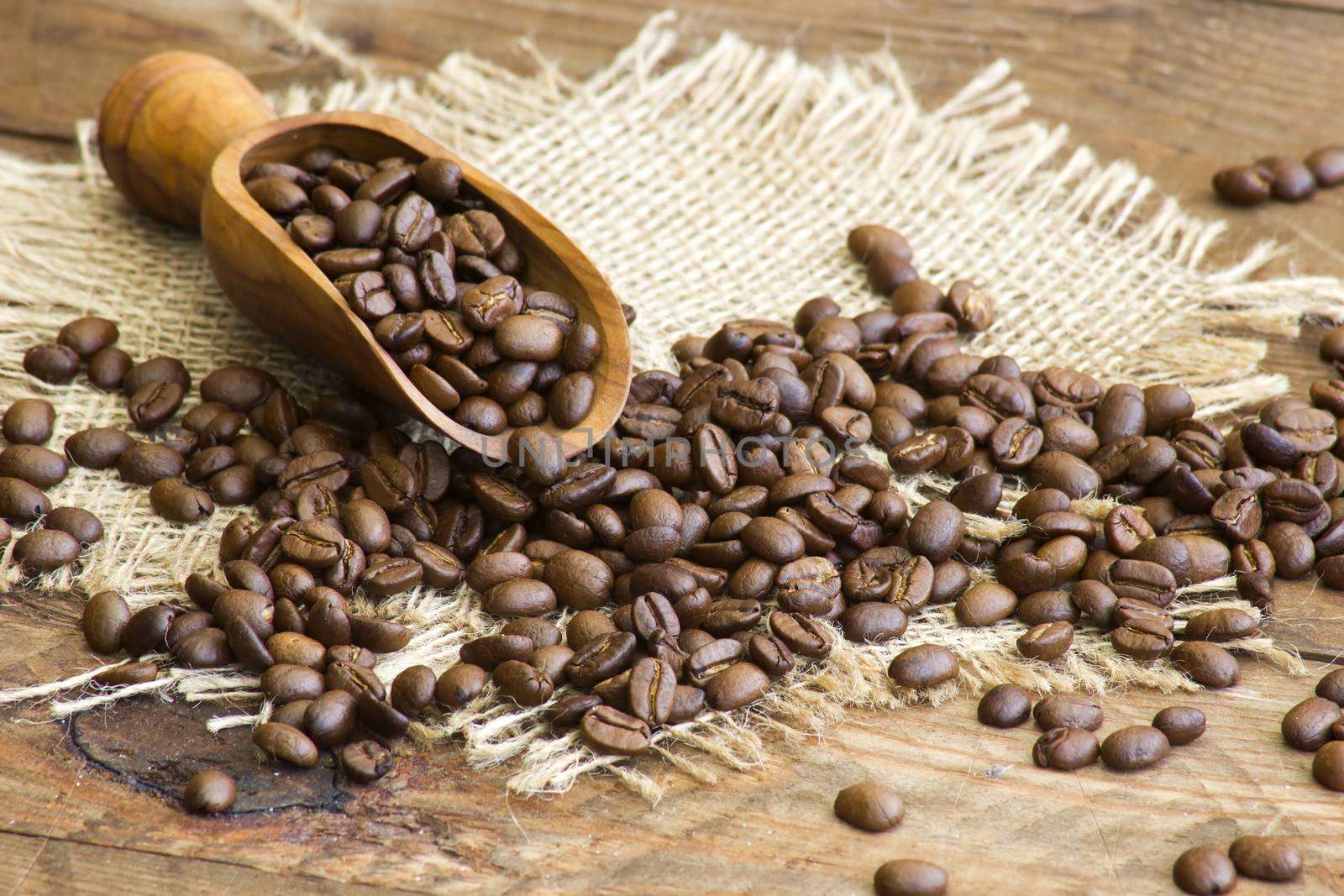 Coffee beans in wooden scoop