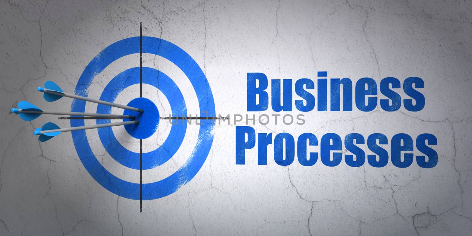 Success finance concept: arrows hitting the center of target, Blue Business Processes on wall background