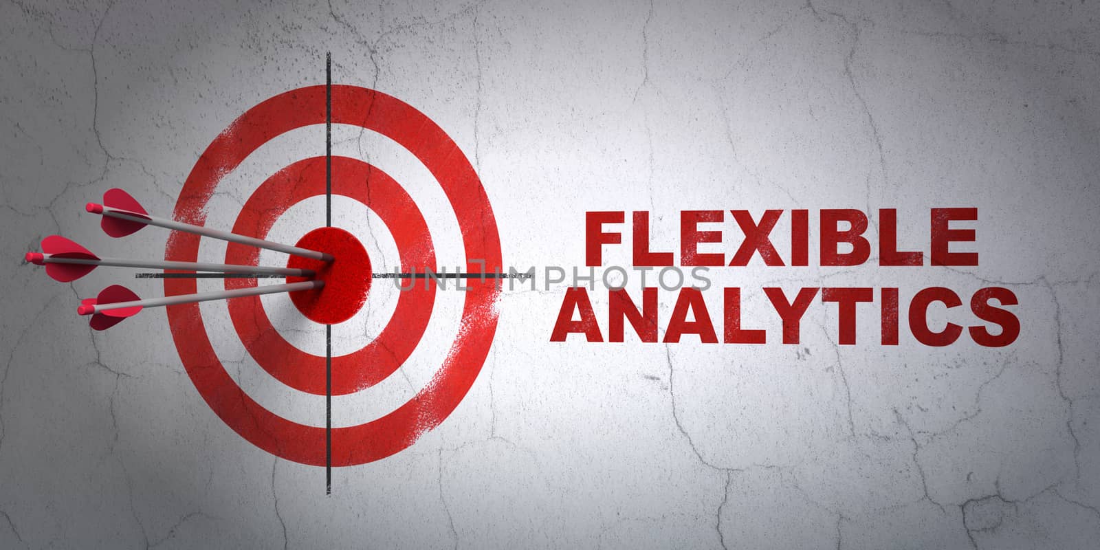 Success finance concept: arrows hitting the center of target, Red Flexible Analytics on wall background