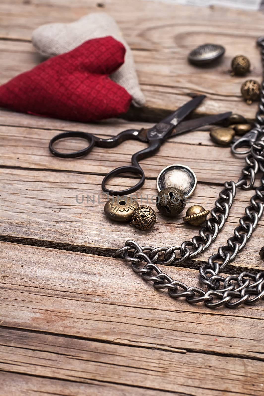 Retro scissors,beads for handicraft and iron chain