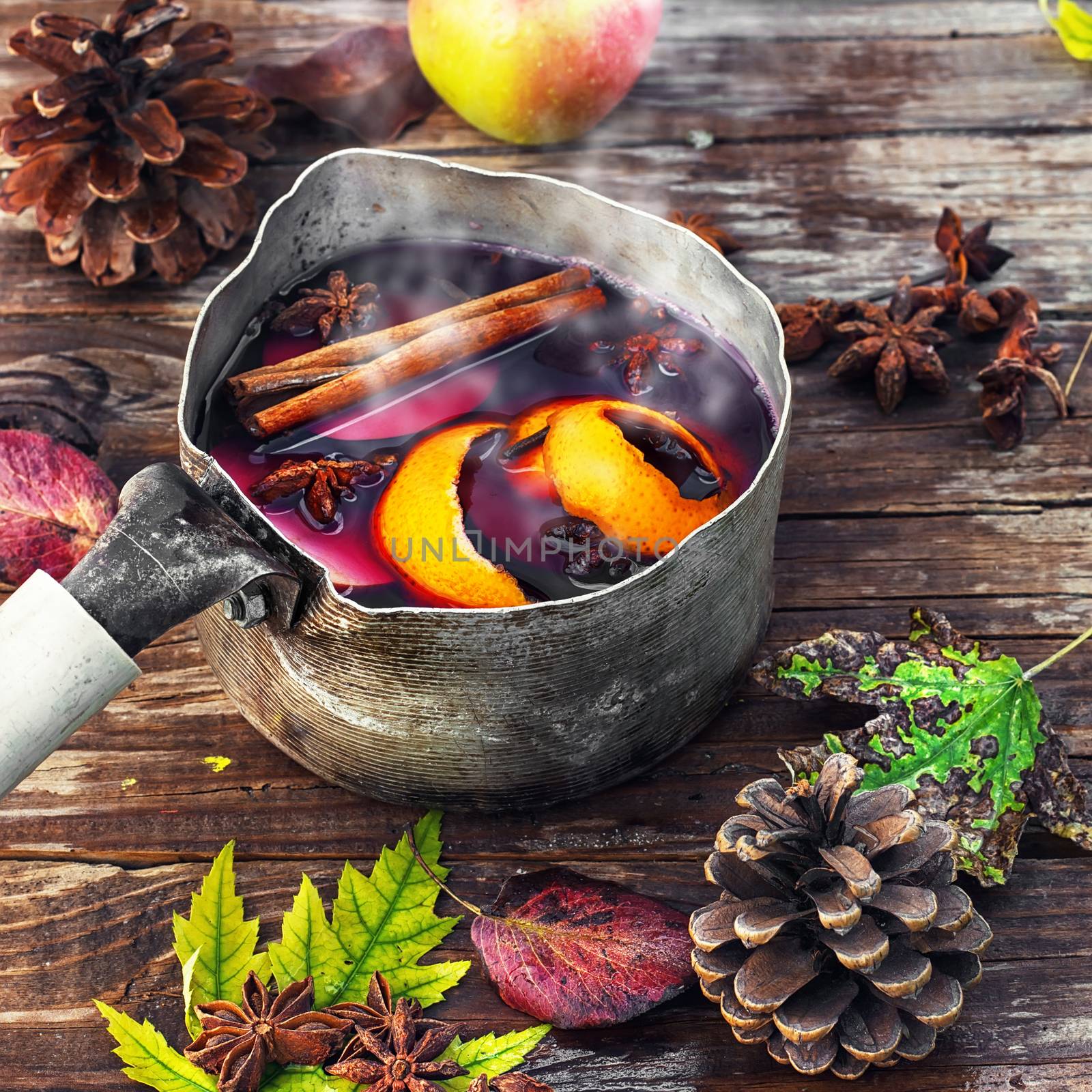 Hovering pot of sangria in the autumn still life