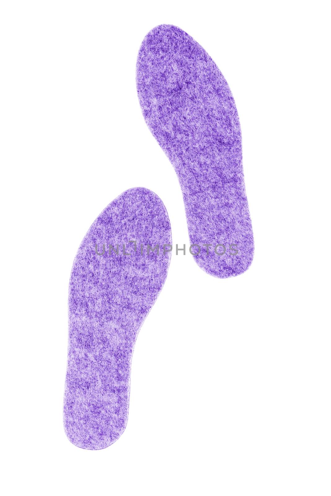 Pair of violet felt insoles isolated on white background