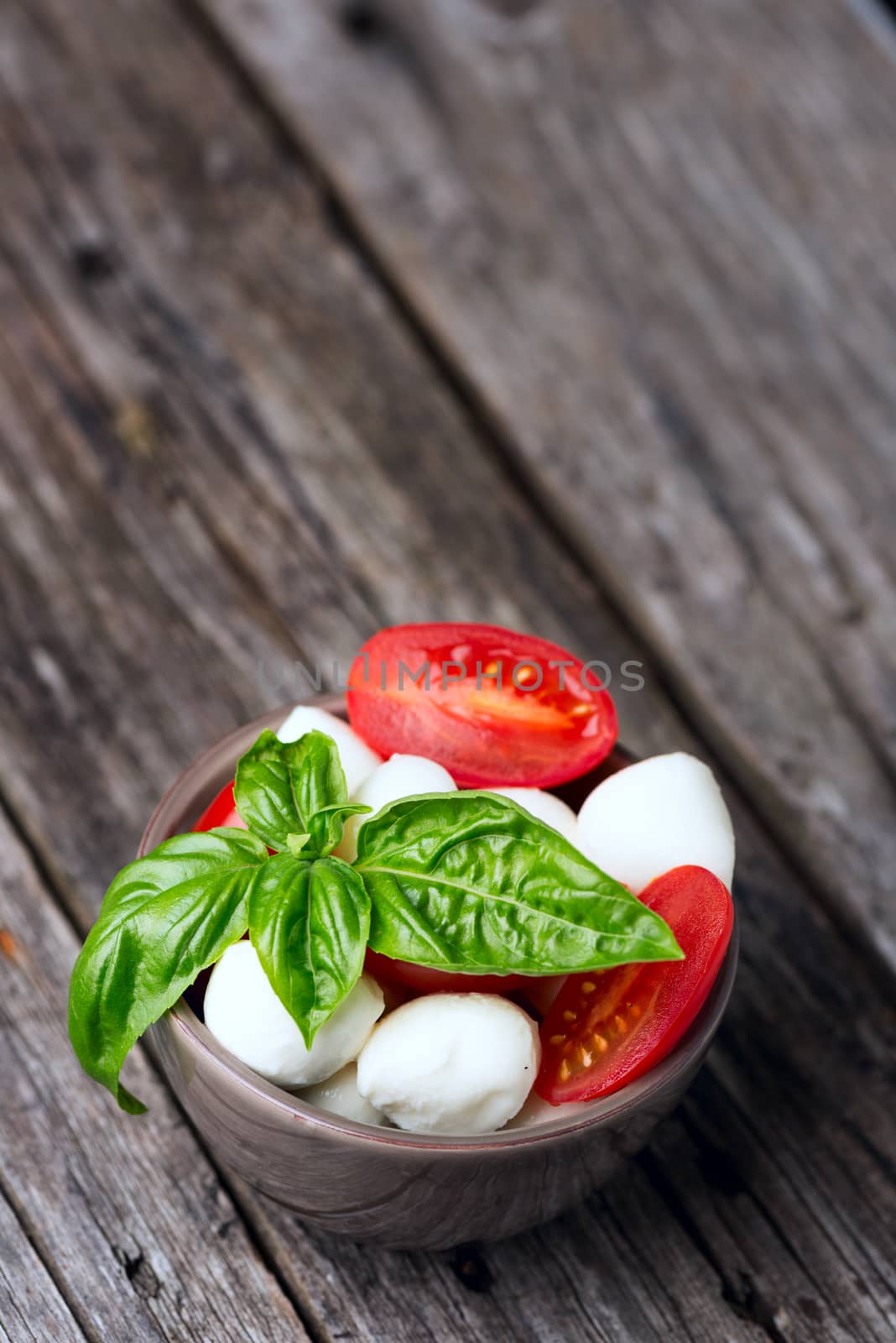 Tomato and mozzarella with basil leaves in bowl by Nanisimova