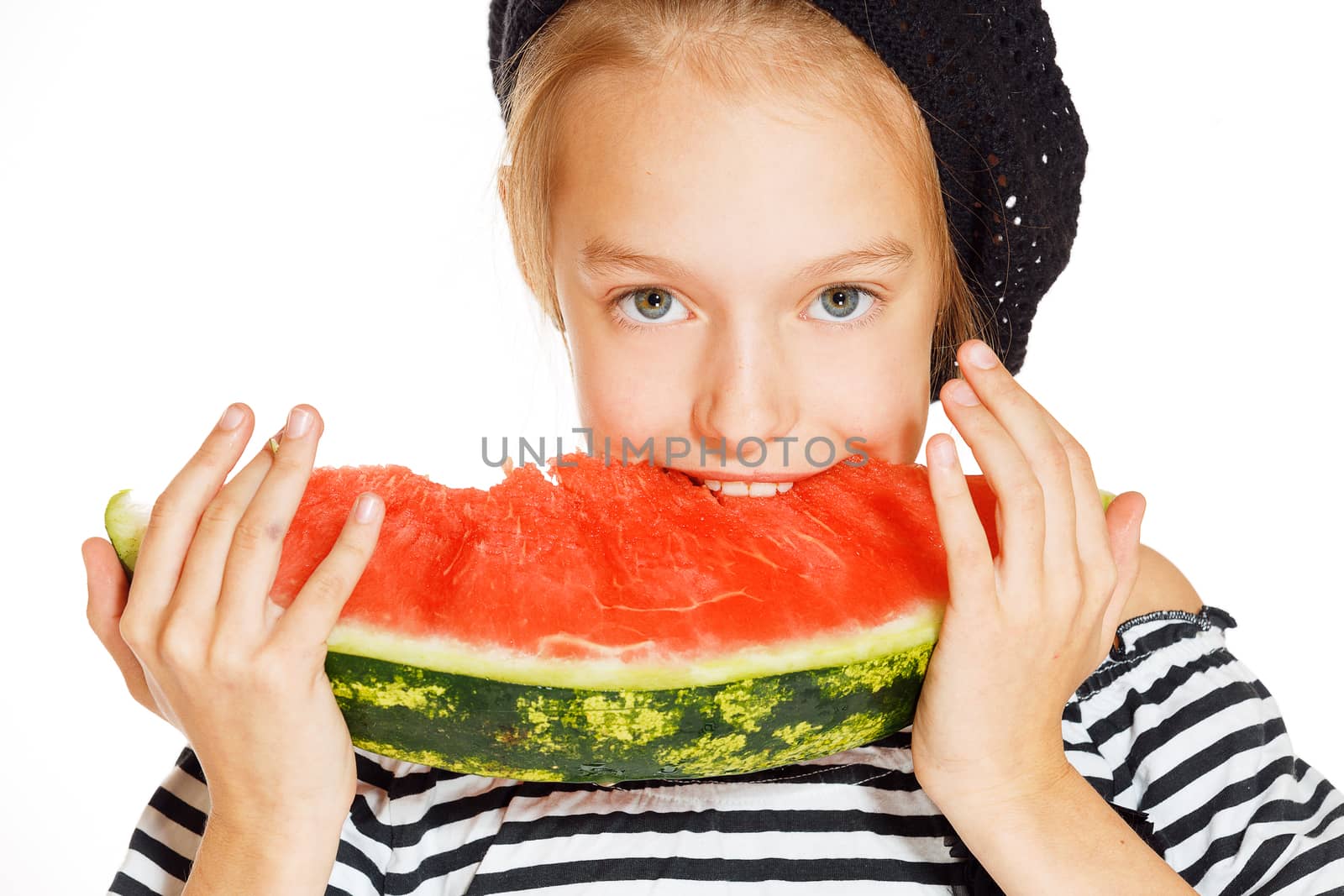 Cute girl eating red juicy watermelon, isolated on white 