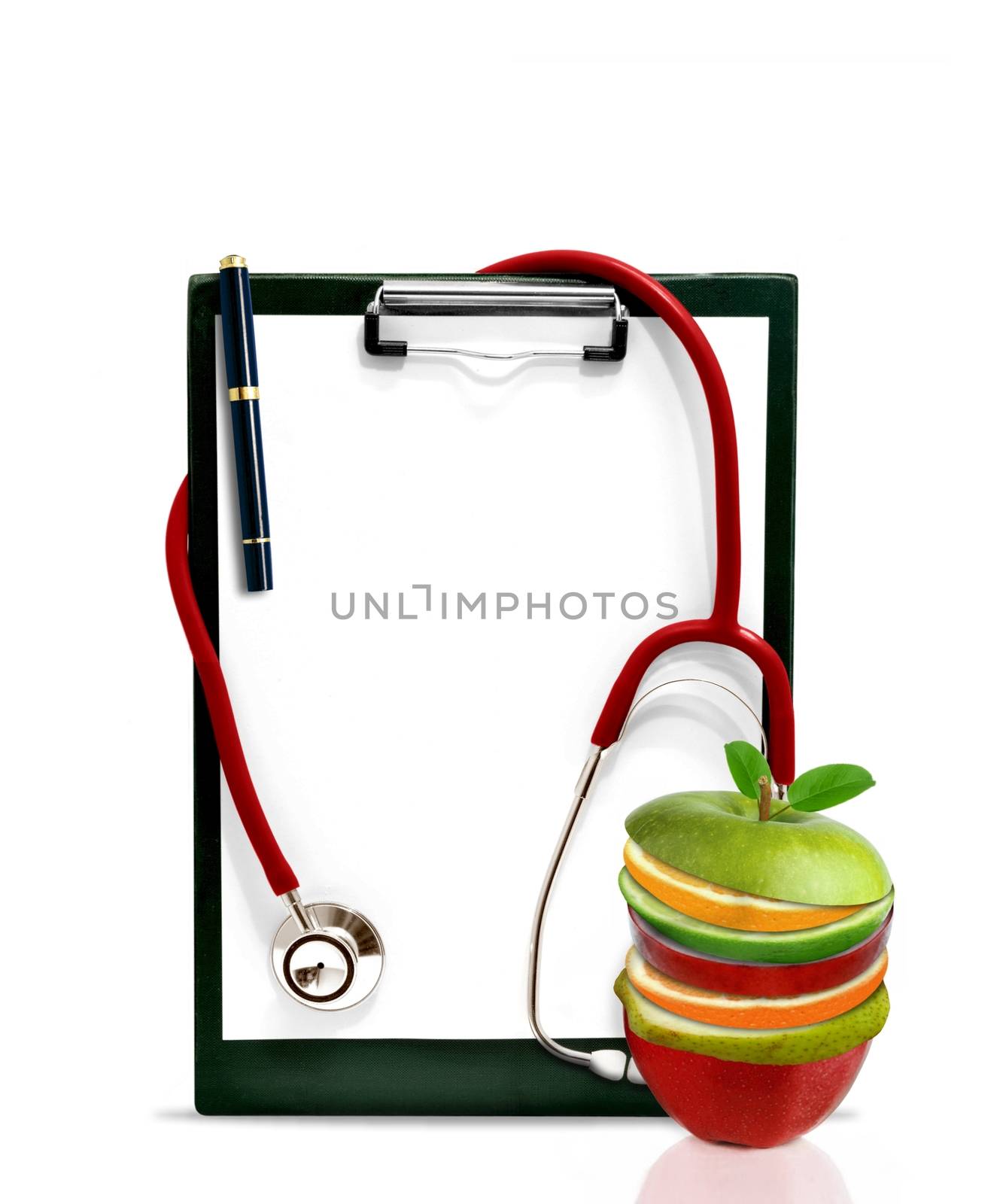 Healthy concept with stethoscope and slice of fruits in front of a clip board