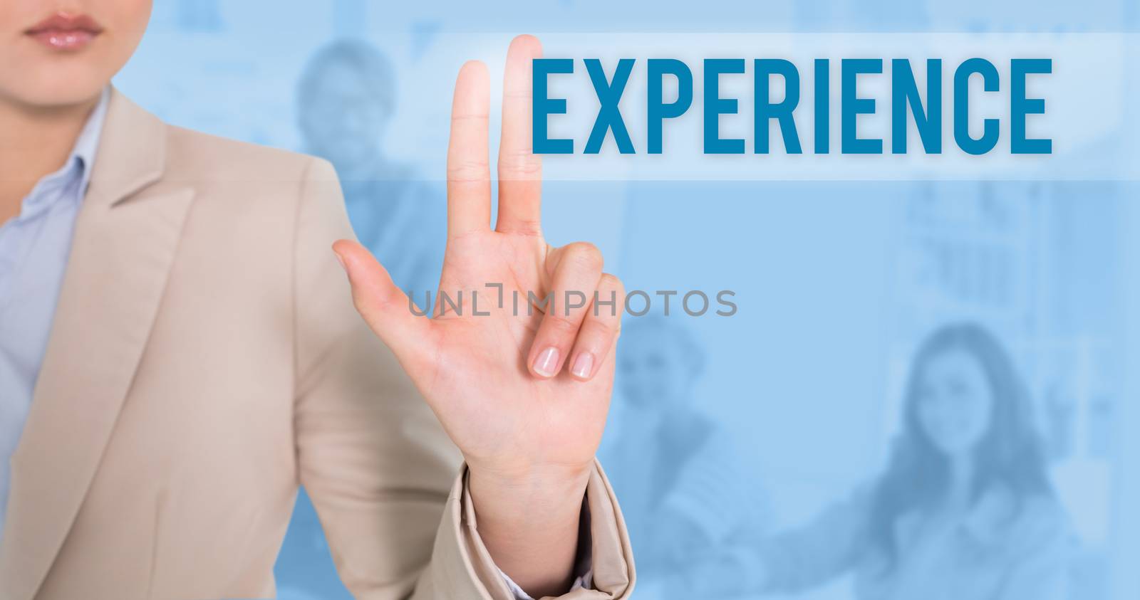 The word experience and businesswoman touching against blue background