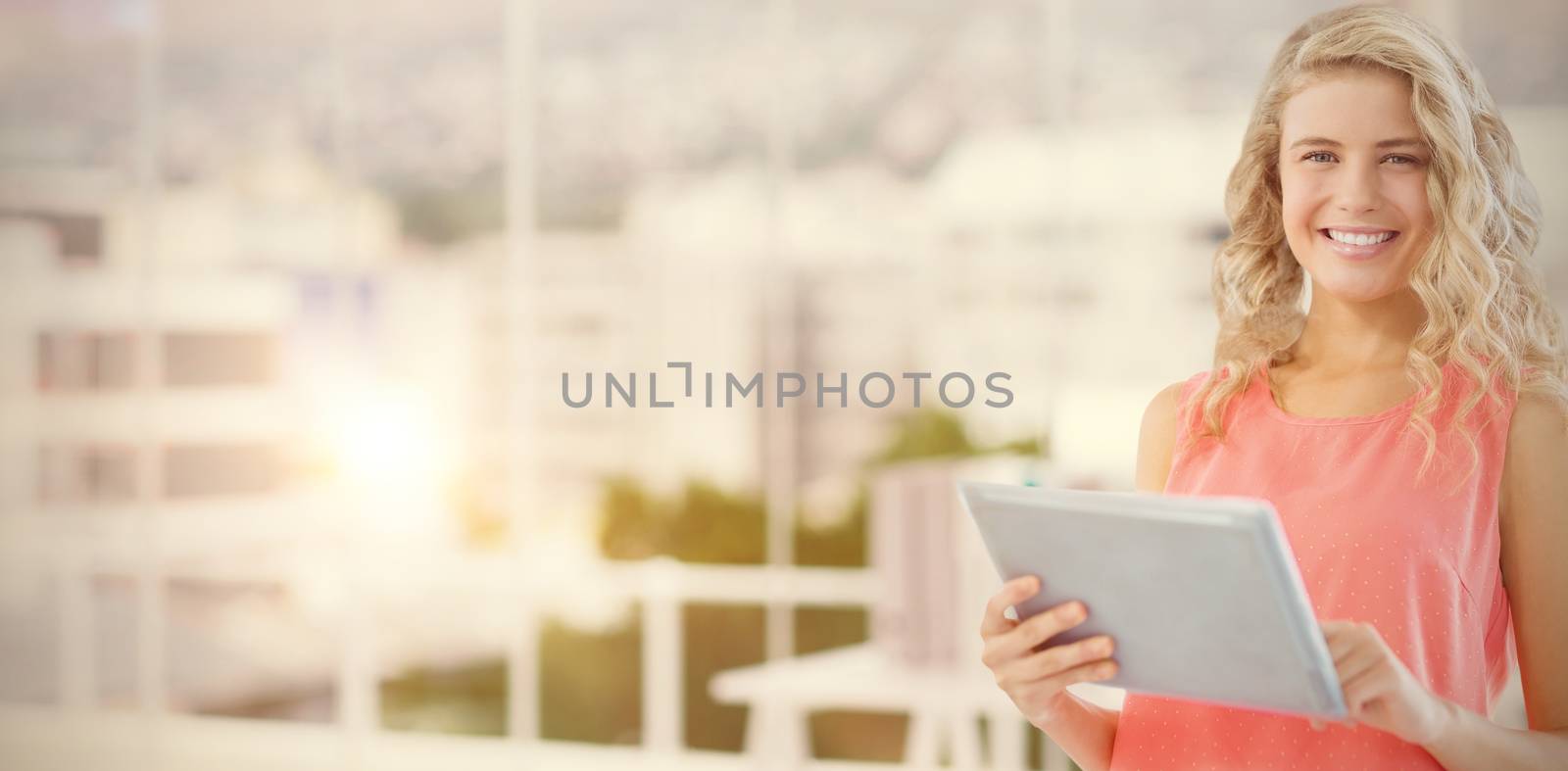 Composite image of portrait of smiling woman using digital tablet at office by Wavebreakmedia