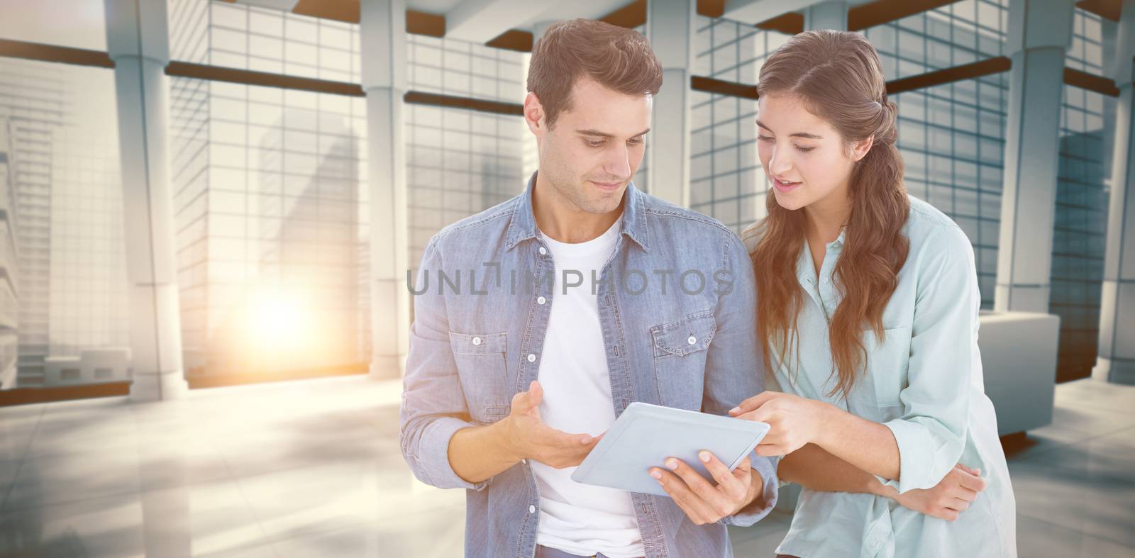 Business people with tablet against modern room overlooking city