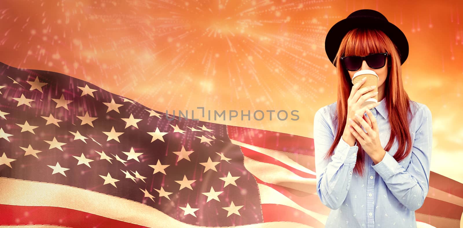 Smiling hipster woman drinking coffee against composite image of lens flare